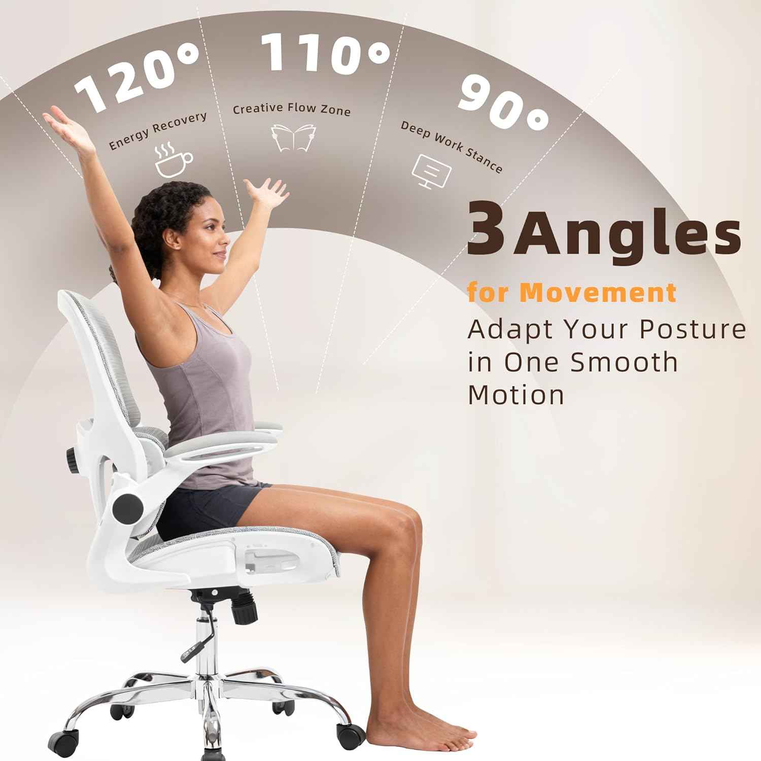 Office Chair, Ergonomic Desk Chair with Adjustable High Back 2D Lumbar Support Flip-up Armrests, Executive Breathable Mesh Comfy Swivel Rolling Computer Task Chair for Home Office Study Work Gaming