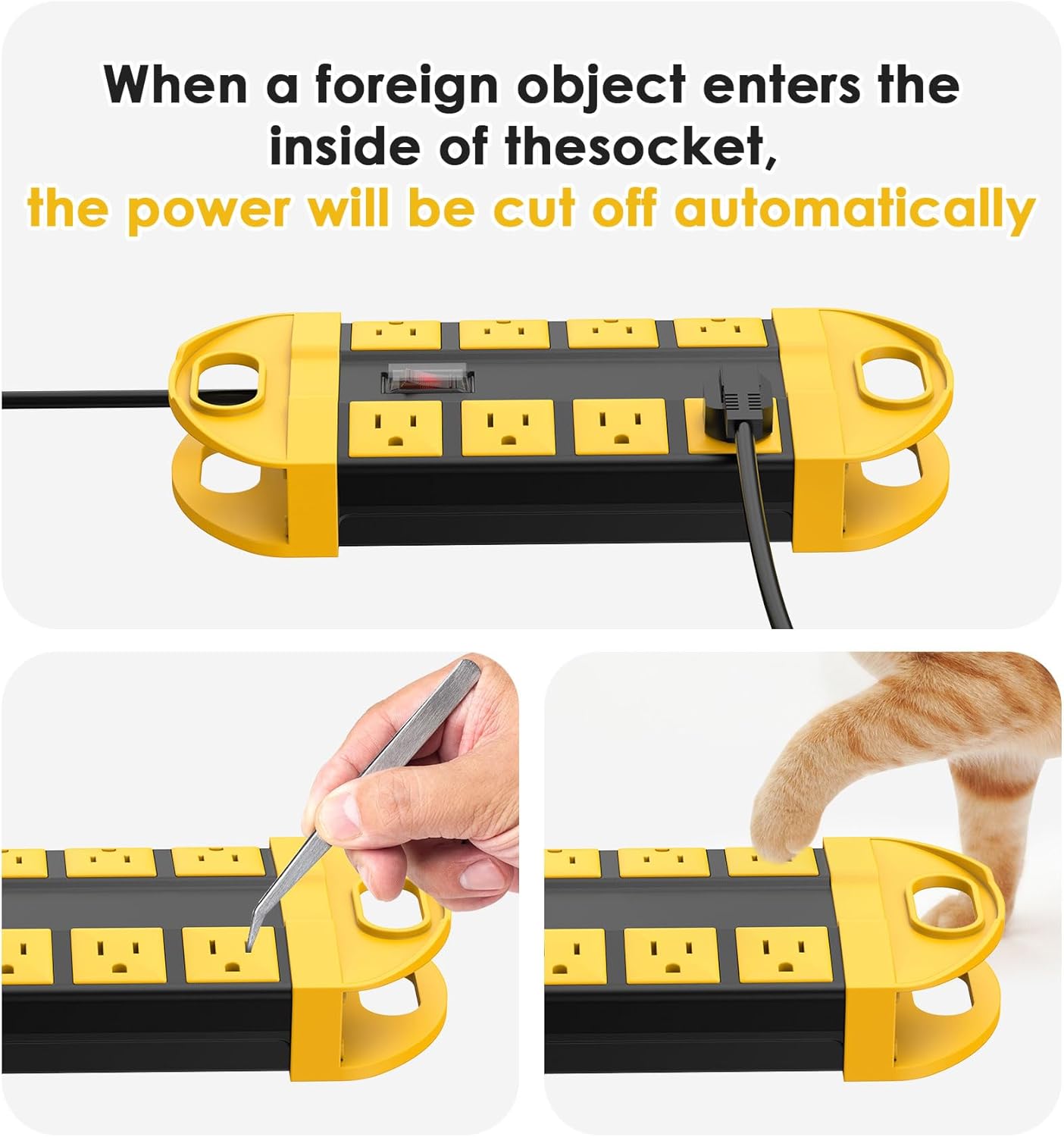 CCCEI 2 Outdoor Power Strips Weatherproof with 8 Plug, Waterproof Extension Cord with Multiple Outlets, Christmas Exterior Garden Yard Surge Protector 10FT, Yellow.