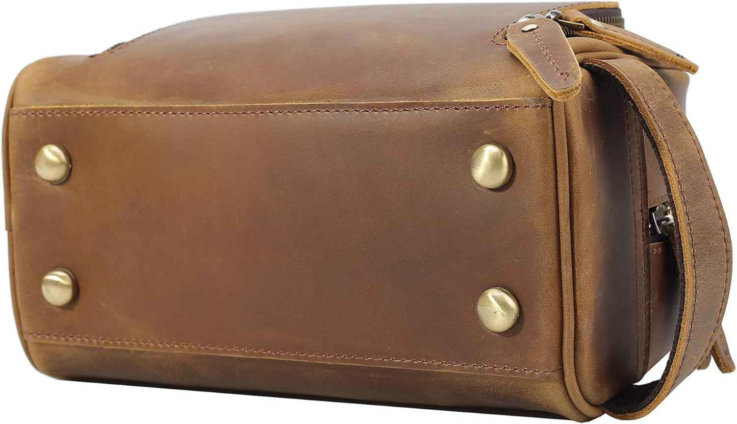 Polare Vintage Full Grain Leather Handmade Travel Toiletry Bag for Men - Dopp Kit - Shaving Kit with YKK Metal Zippers A-Brown
