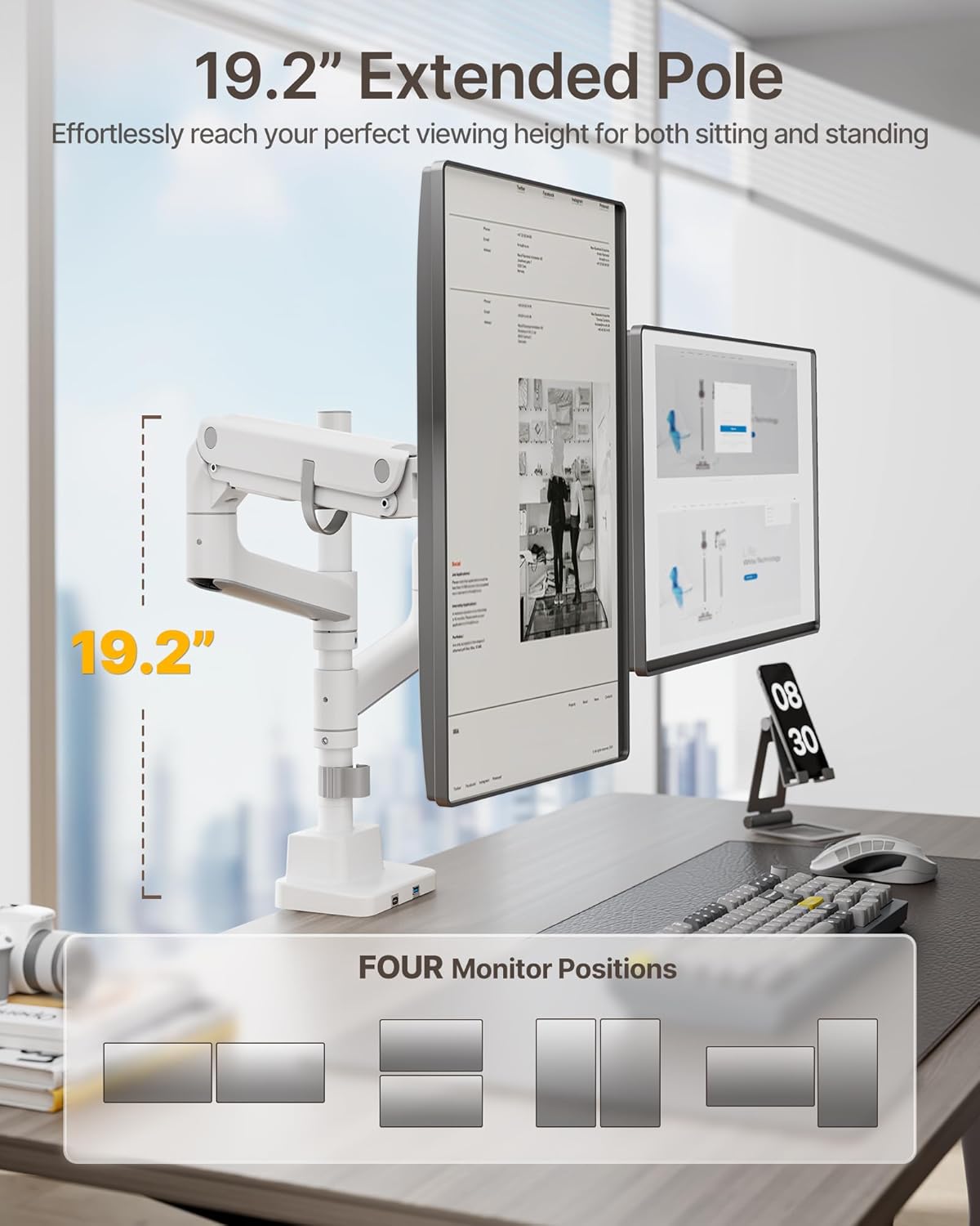 monTEK 17-57 Inch Dual Ultrawide Monitor Arm for Up to 59.4lbs Screen, Aluminum Heavy-Duty Gas Spring Vertical Stackable Curved Screen Adjustable Monitor Stand,75/100mm Vesa Mount, White