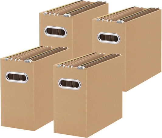 Oterri File Organizer, 4 Packs Small Storage Box, Cardboard File Folder Organizer, Collapsible File Box for Hanging File Folders Letter Size, Portable Filing Organizer with Handle (Brown)