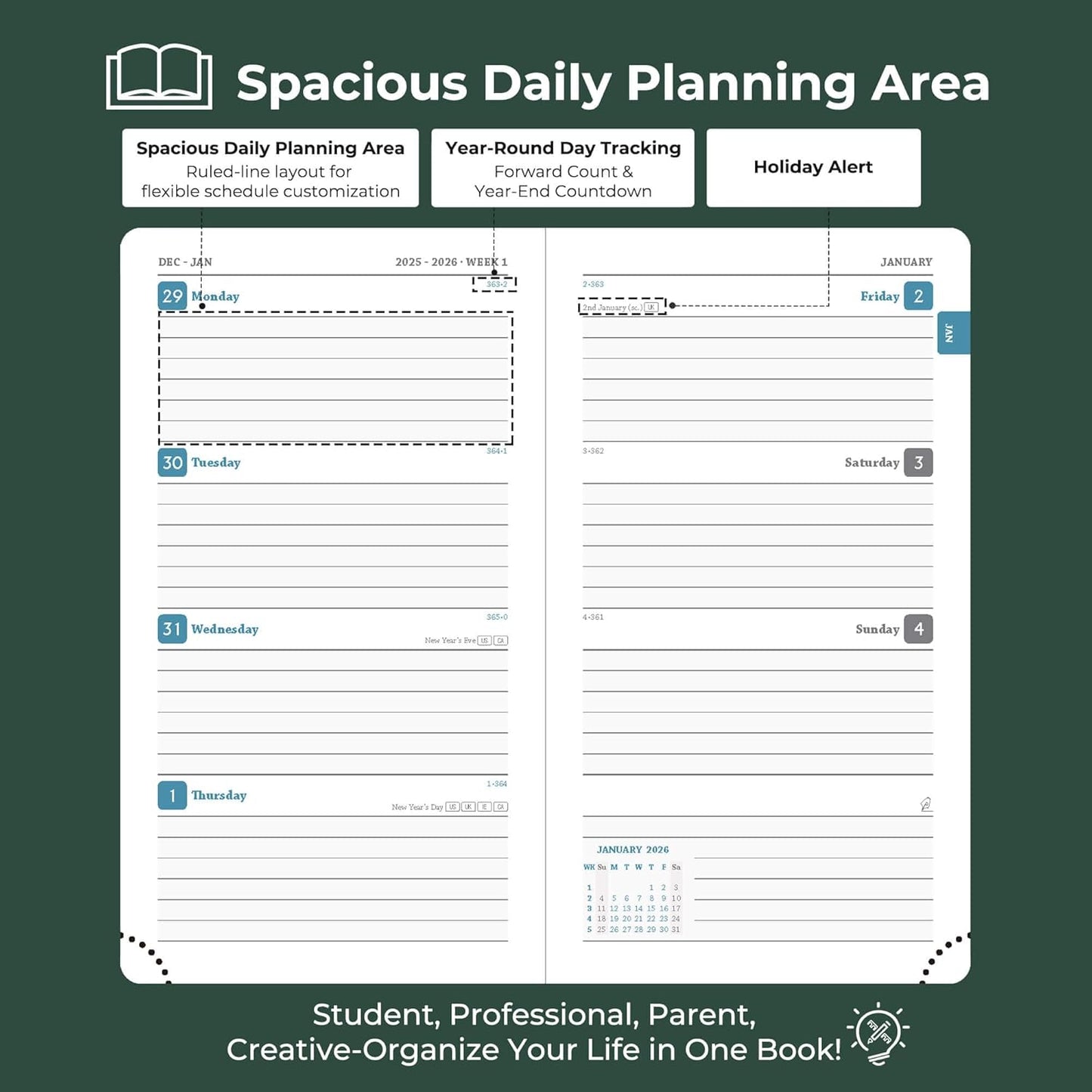 Weekly Monthly 2026 Planner (Jan.26-Dec.26),6.5"x3.75",12 Months Agenda Plan with Month Tabs & Pocket,Expenses/Note Pages, Appointment Book Calendar with Hardcover Vegan Leather Cover,Green
