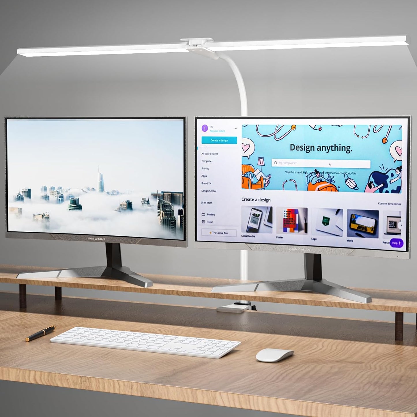 LED Desk Lamp, 31.5'' Wide Double Head Desk Lamps for Home Office, Dimmable 25 Lighting Modes 16W 1800lm Bright Desk Lighting, Eye Caring Architect Table Lamp for Workbench Monitor Study, White - Lumora Desk