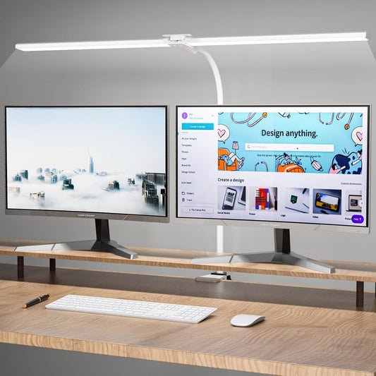 LED Desk Lamp, 31.5'' Wide Double Head Desk Lamps for Home Office, Dimmable 25 Lighting Modes 16W 1800lm Bright Desk Lighting, Eye Caring Architect Table Lamp for Workbench Monitor Study, White - Lumora Desk