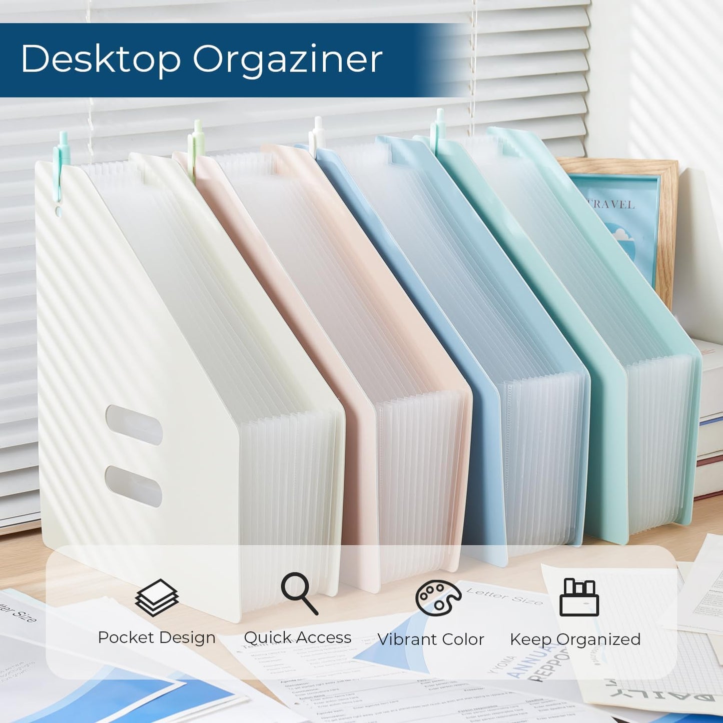 Y YOMA 2 Pack Expanding Magazine Holder with 13 Pockets | Portable Desktop Plastic Self Standing Accordion File Organizer for A4 Letter Size Document Storage Home Office School, Blue