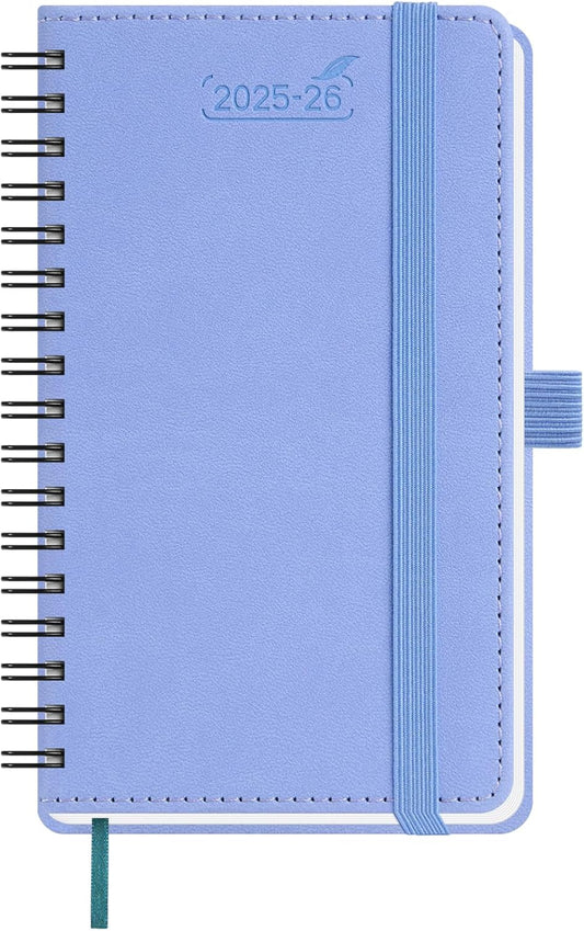 BEZEND Pocket Planner 2025-2026 Weekly and Monthly, 3.5" x 6" Academic Planner (Jul 25-Dec 26) 18-Month Mid-Year Calendar Book, Storage Pocket, Pen Holder, PU Leather Softcover, Spiral - Cornflower
