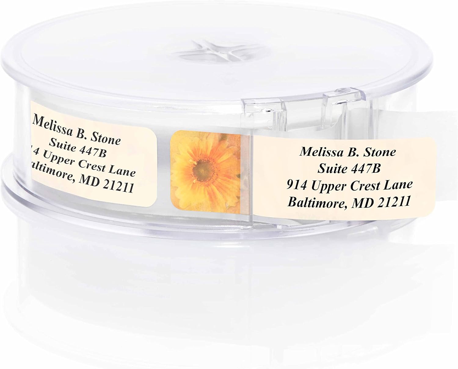 Golden Sunflower Designer Rolled Address Labels with Elegant Plastic Dispenser - Lumora Desk