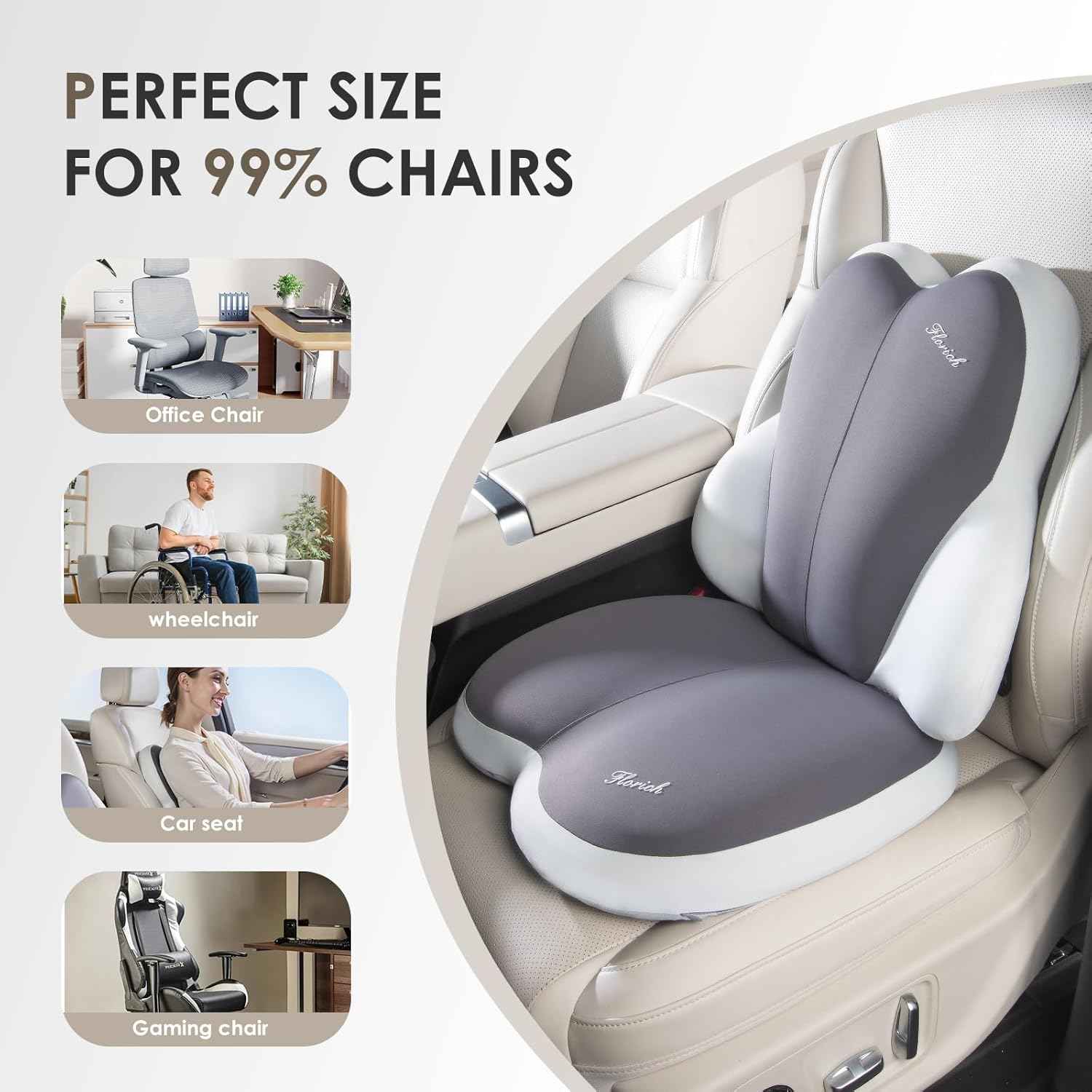 FLORICH Car Seat Cushion and Back Support for Car Ultrathick Memory Foam Office Chair Cushions with Lumbar Support Pillow for Sciatica & Back & Tailbone Pain Relief (Beige Grey)