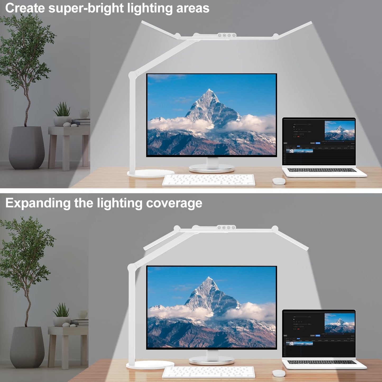 Micomlan Led Desk Lamp with Atmosphere Lighting, Rotatable Tall Architect Desk Lamp for Home Office with Swing Arm, 24W Bright Auto Dimming Adjustable Computer Light with Base for Table