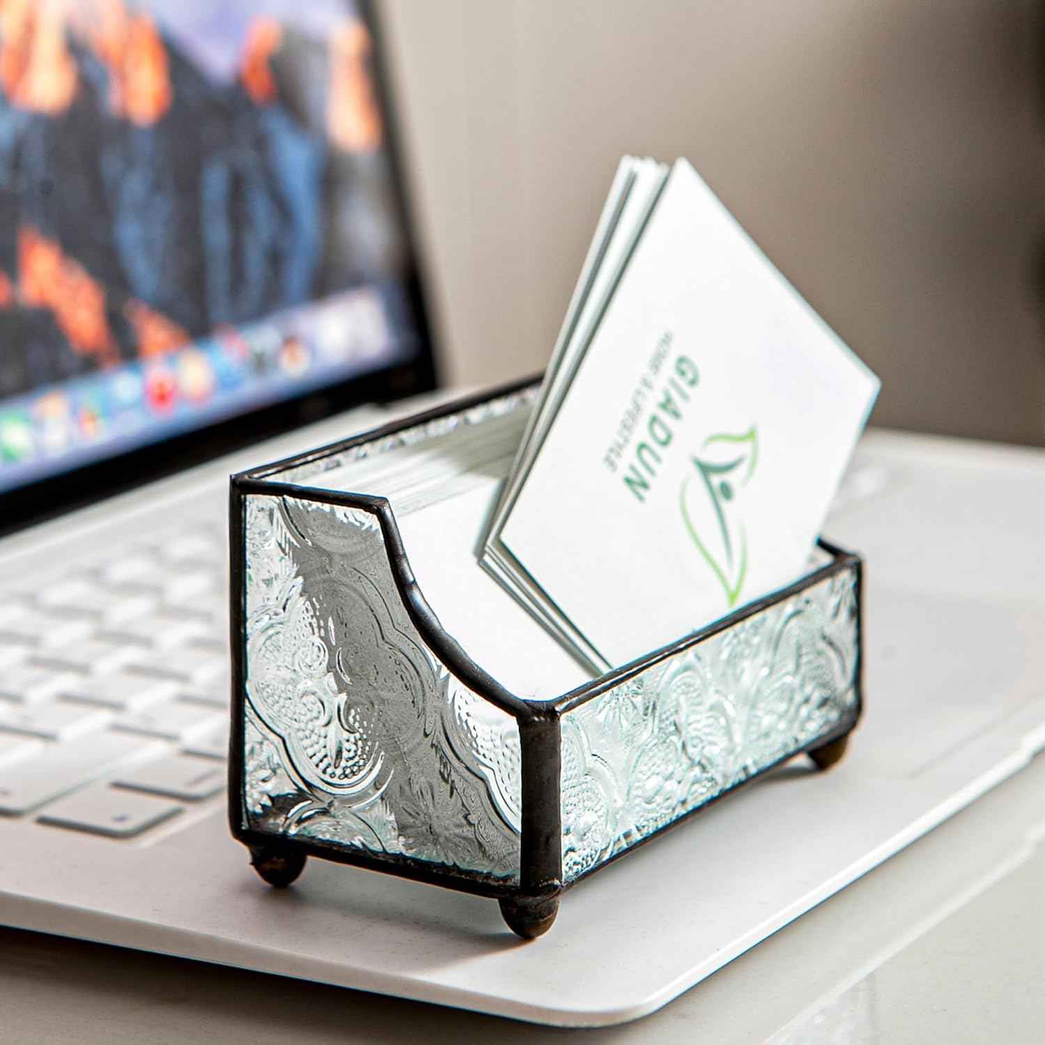 Business Card Holder for Desk, Mosaic Glass Business Card Holders Name Card Stand Organizer Cards Display for Office Exhibition Reception Black