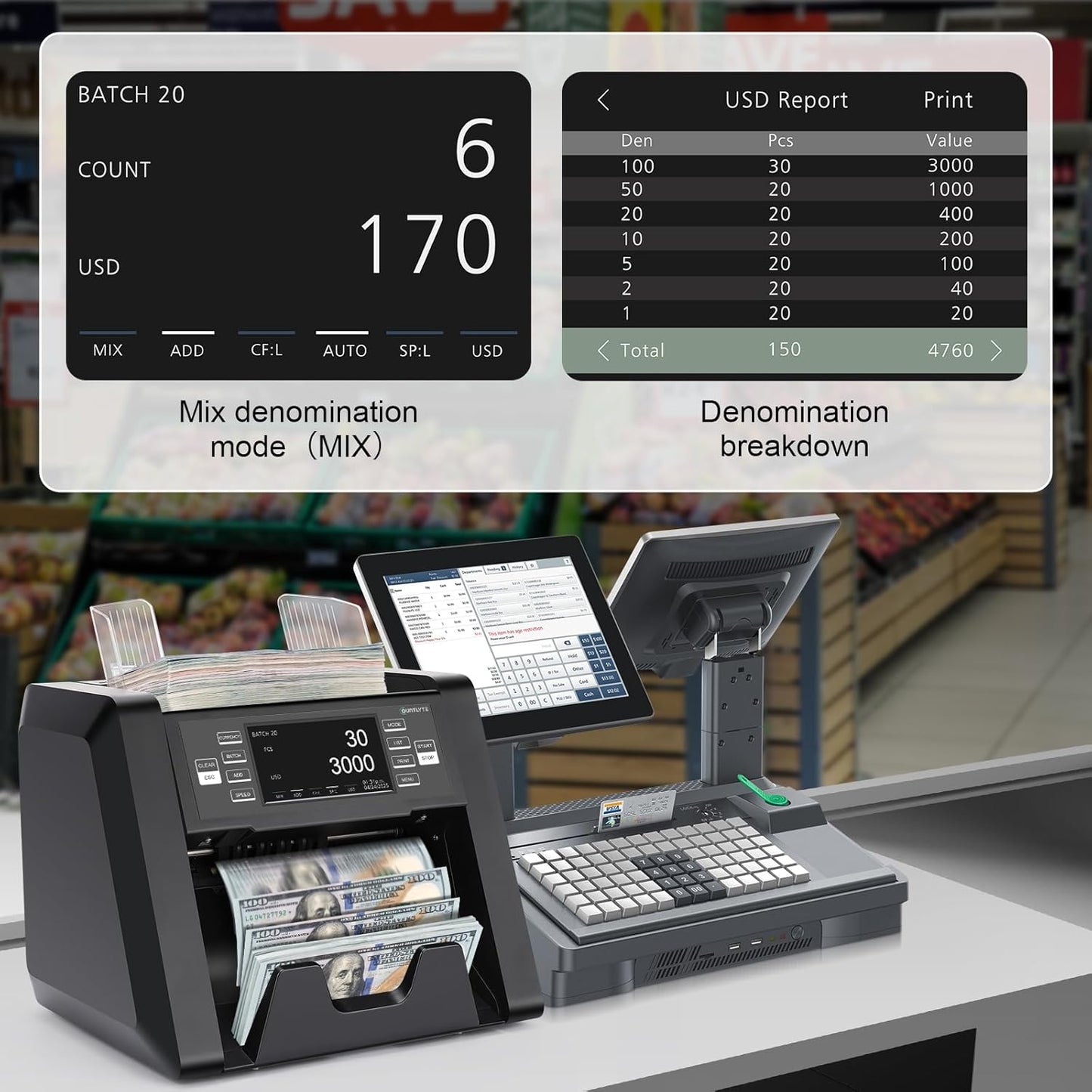 N30 Money Counter Machine Mixed Denomination, Multi Currency Value Count, CIS/UV/MG/IR Counterfeit Detection, Printer Enabled Cash Counter for Business