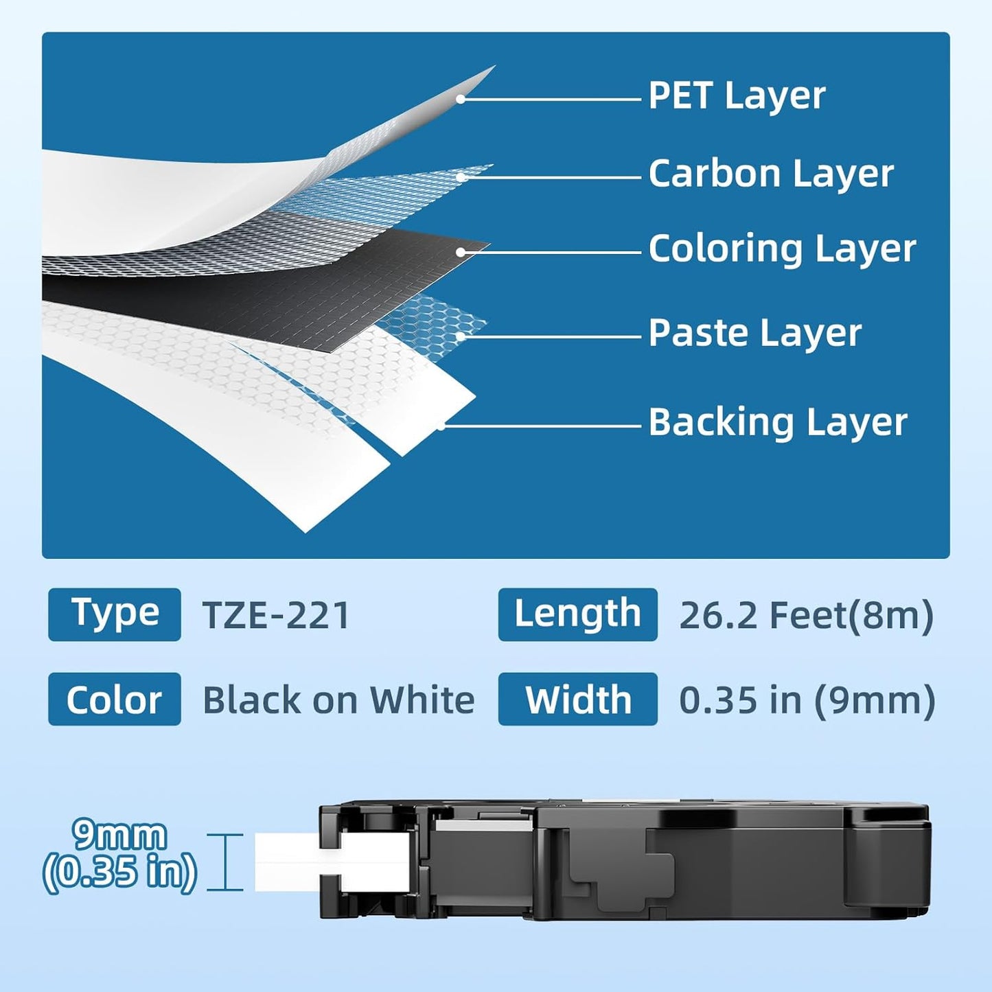 Airmall TZe-221 TZ Tape 9mm 0.35 Laminated White Replacement for Brother P Touch Label Tape 9mm Label Maker Tape Work with Brother Label Maker Tape PT-D210 PT-D220 PT-H103W PT-1890 PT-D600, 4-Pack