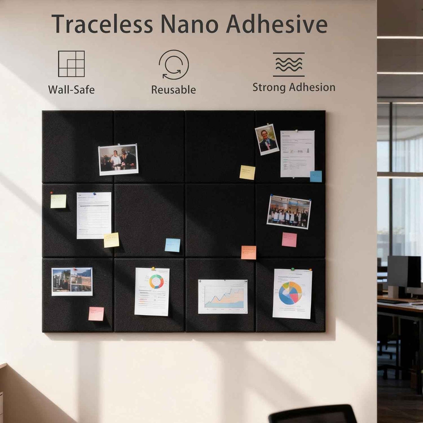 Large Cork Board Alternative 48" x 36", 12 Pack Felt Bulletin Board with 72 Safe Removable Adhesive Tabs, Black Felt Board Pin Boards for Walls Office Home Decor