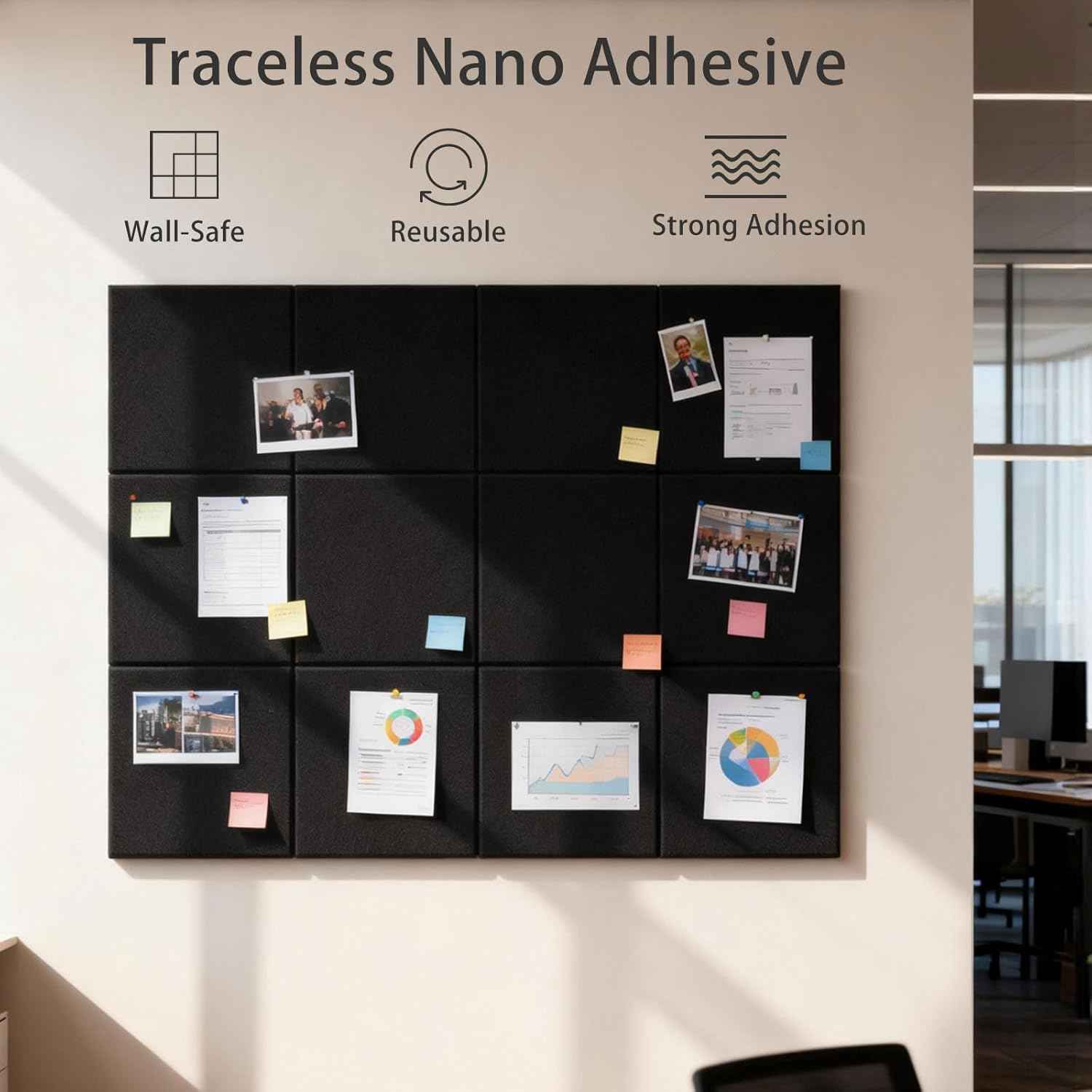 Large Cork Board Alternative 48" x 36", 12 Pack Felt Bulletin Board with 72 Safe Removable Adhesive Tabs, Black Felt Board Pin Boards for Walls Office Home Decor