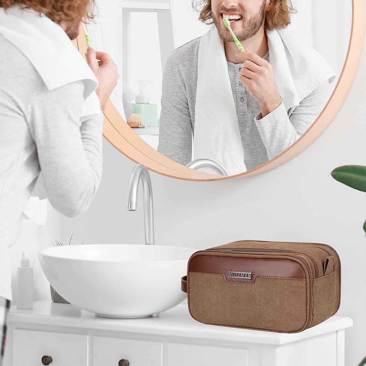 WITZMAN Canvas Toiletry Bag for Men Large Capacity Hanging Dopp kit for Men Leather Toiletries Water-resistant Bathroom Bag(A8002 Brown)