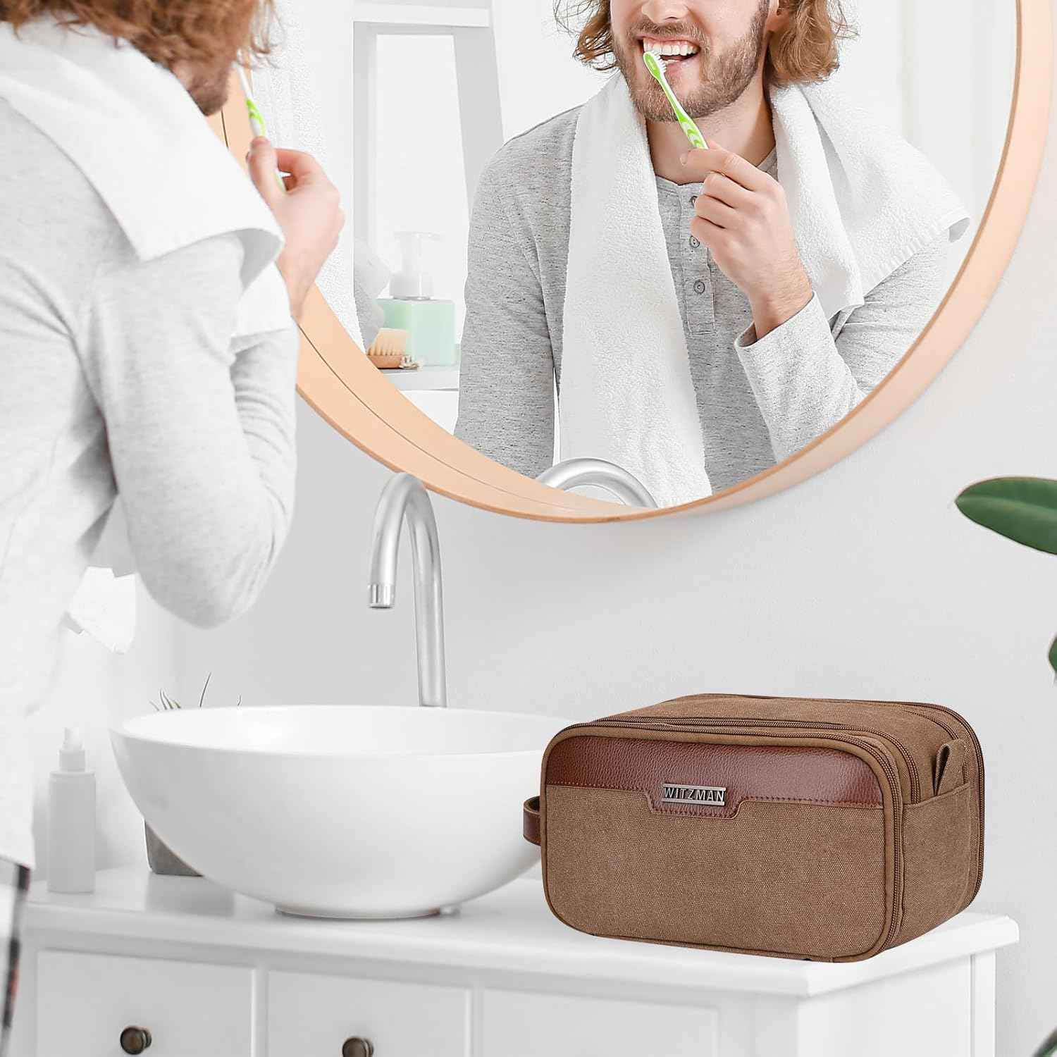 WITZMAN Canvas Toiletry Bag for Men Large Capacity Hanging Dopp kit for Men Leather Toiletries Water-resistant Bathroom Bag(A8002 Brown)