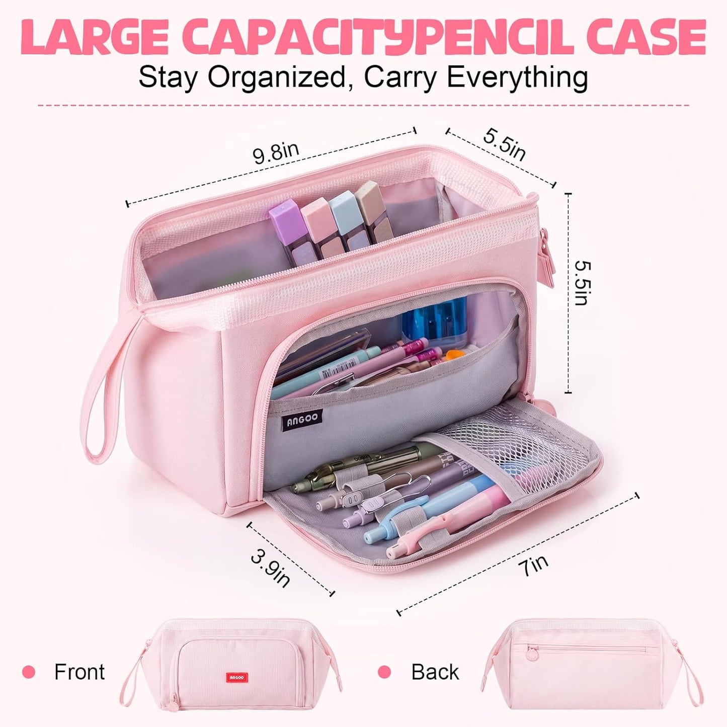 Eersida 47 Pcs Aesthetic School Supplies with Cute Pen Case, Mechanical Pencils 0.5mm, 0.7mm, 0.9mm & 2.0mm with Leads and Eraser Refills, Wood Pencils #2, for Writing, Drawing & Drafting (Pink)
