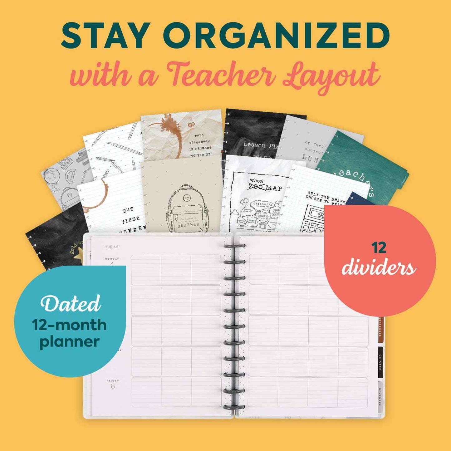 Happy Planner Disc-Bound 12-Month July 2025–June 2026 Planner with 3 Extra Months, Big Size, Teacher Layout, Here We Go Again, 7" x 9.25”