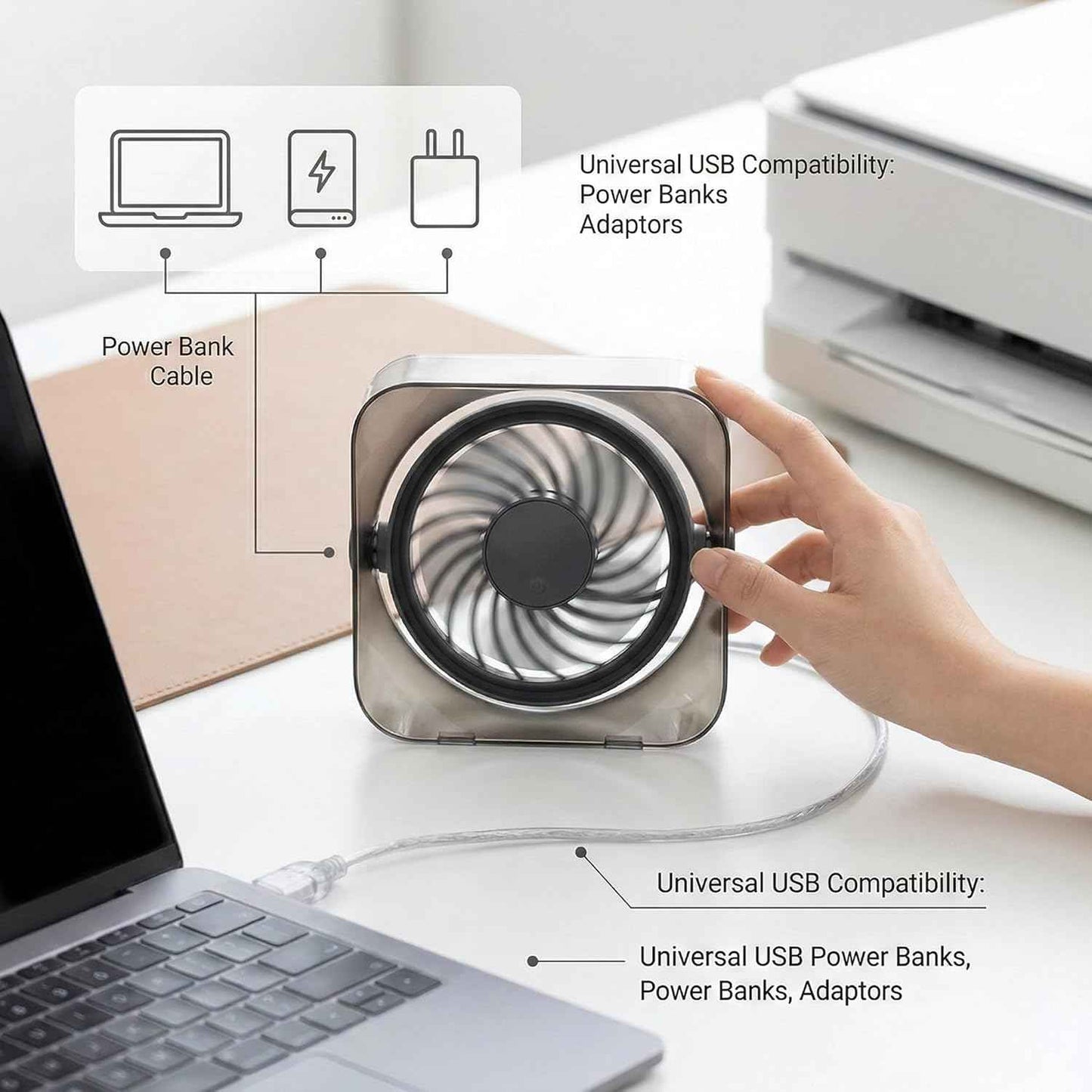 OTPEIR Mini Desk Fan, Powerful Yet Gentle Airflow Small Desktop Fan with 3 Speed Settings, Adjustable Angle One-Button Control, Detachable Easy-Clean Design, USB Desk Fan for Office Bedroom,Grey