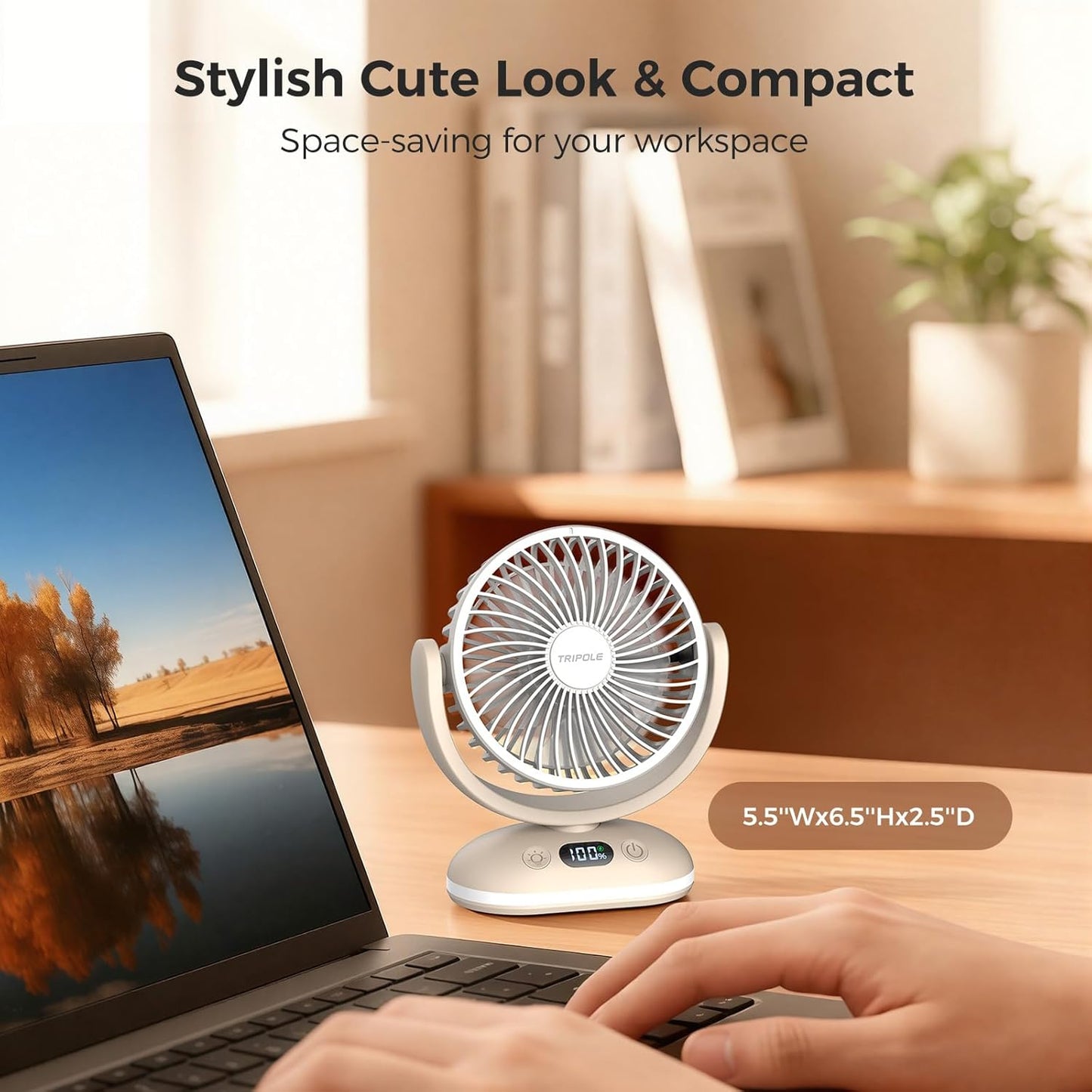 TriPole Desk Fan Small Quiet Rechargeable Portable Fan for Travel with Smart Display & LED Light, 31H Runtime, 4 Speeds Mini Battery Operated Fans for Bedroom Sleeping Office Outdoor Camping Cruise