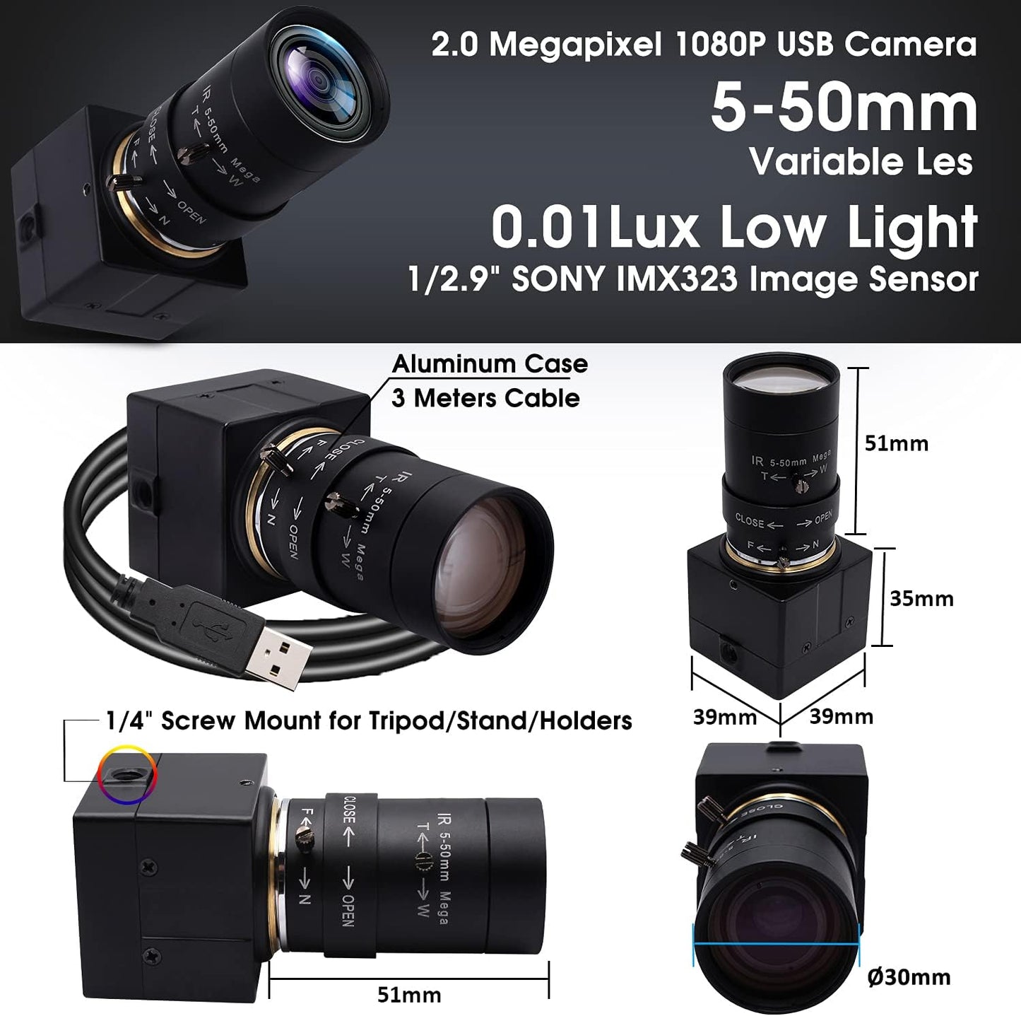 SVPRO USB Web Camera 1080P Full HD Webcam with Zoom Lens, 5-50mm Telephoto Webcam Manual Focus with Sony IMX323 Sensor, H.264 0.01lux Low Light Camera for Industrial Machine Vision,UVC Free Drive