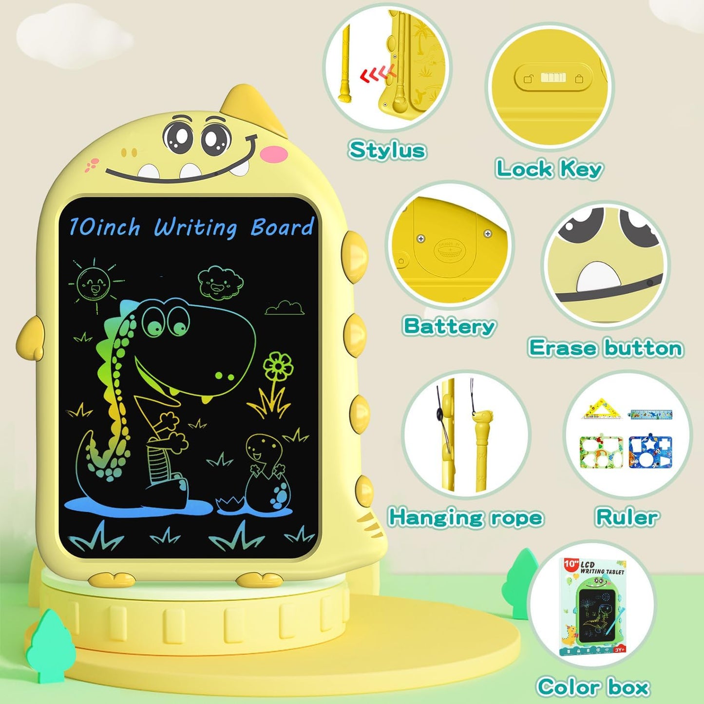 Travel Toys for Toddlers, 10 Inch LCD Writing Tablet for Kids, Dinosaur Drawing Board with Stylus, Erasable Doodle Pad for Airplane, Educational Learning Toy for Ages 2+ Years Old Easter Birthday Gift