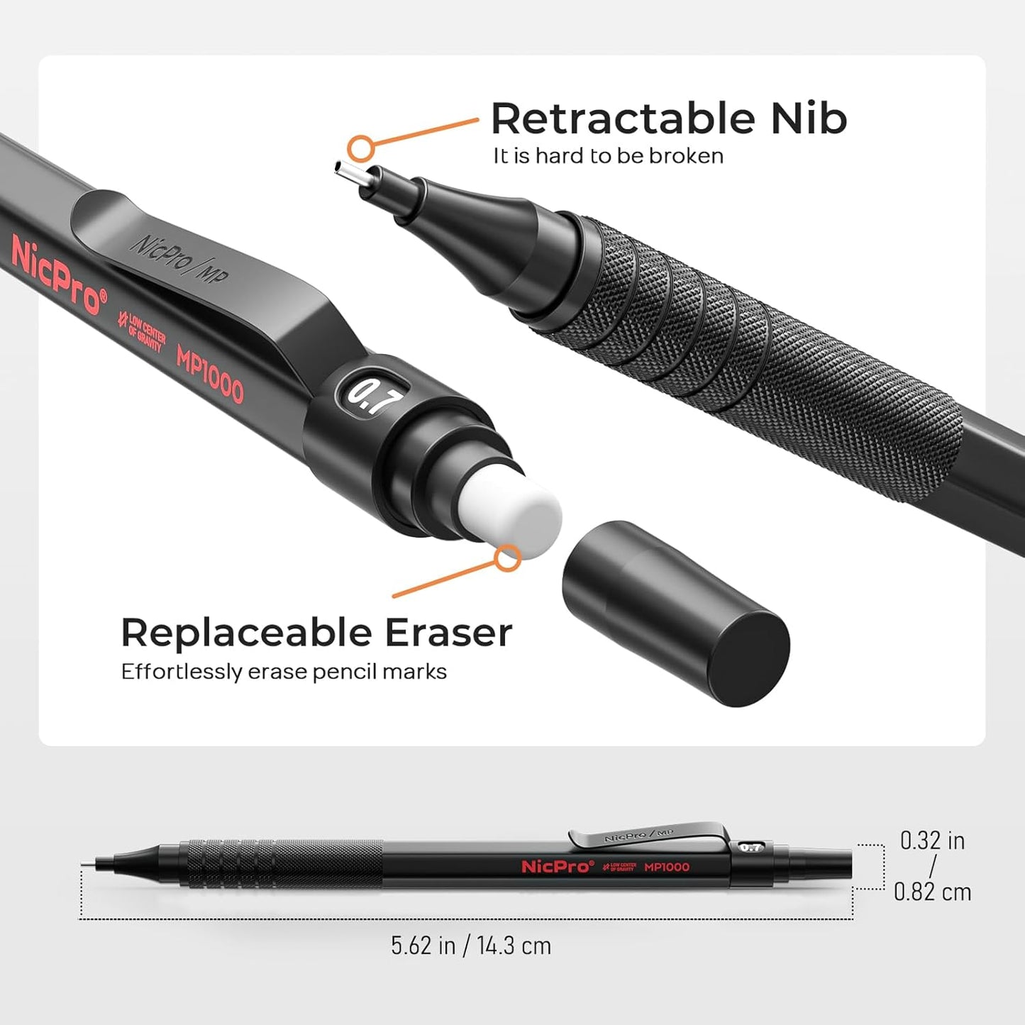 Nicpro 0.7 mm Mechanical Pencil Set with Case, 3 Metal Artist Pencil With 8 Tube HB Lead Refills, 3 Erasers, 9 Eraser Refills For Architect Art Writing Drafting Drawing, Engineering, Sketching, Black