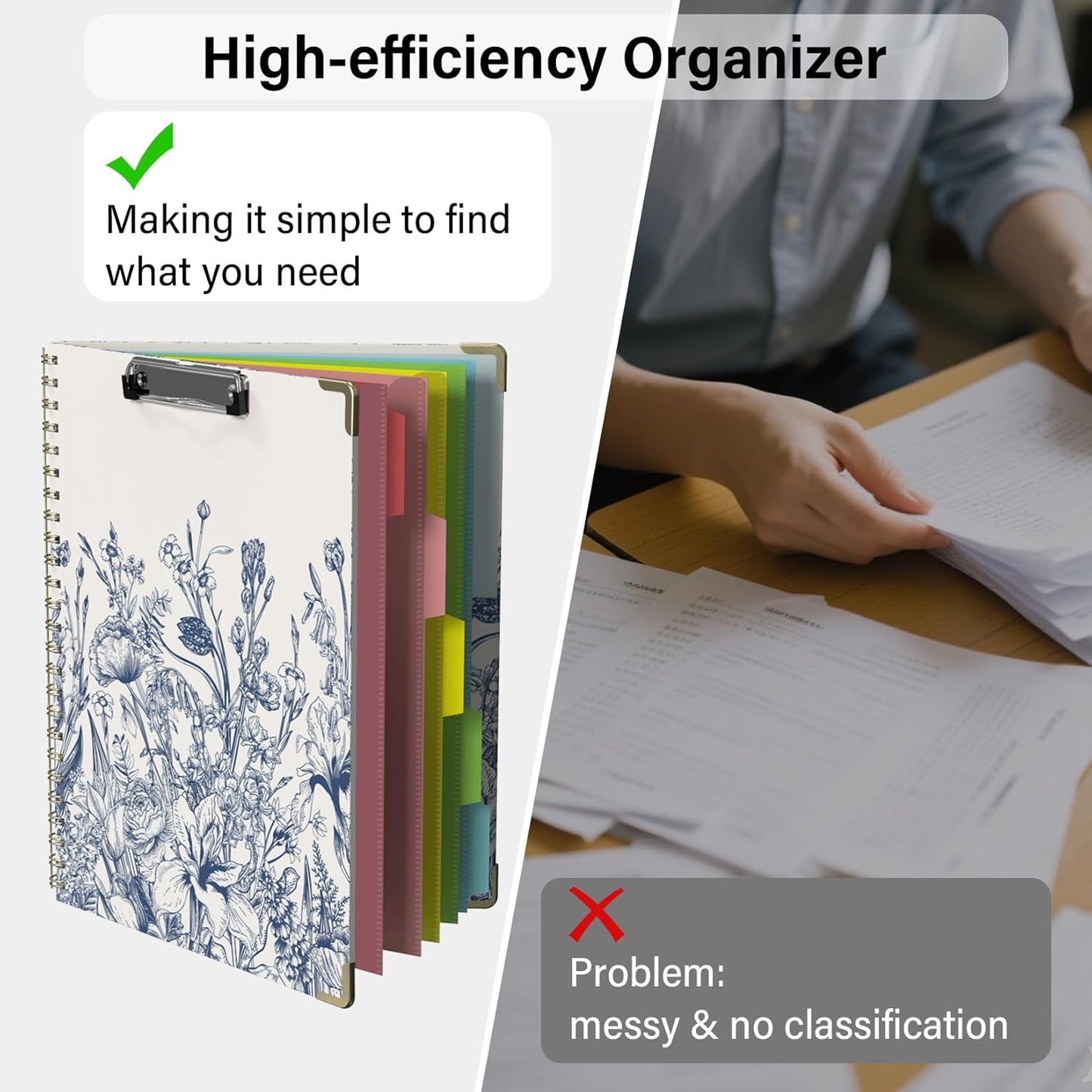 Foldable Clipboard Folio with Storage, 5 Plastic Folders with 10 Pockets,Refillable Lined Notepad (11" x 8.5"), Hardcover Project Organizer Nursing Teacher School Essentials(Blue Florals)