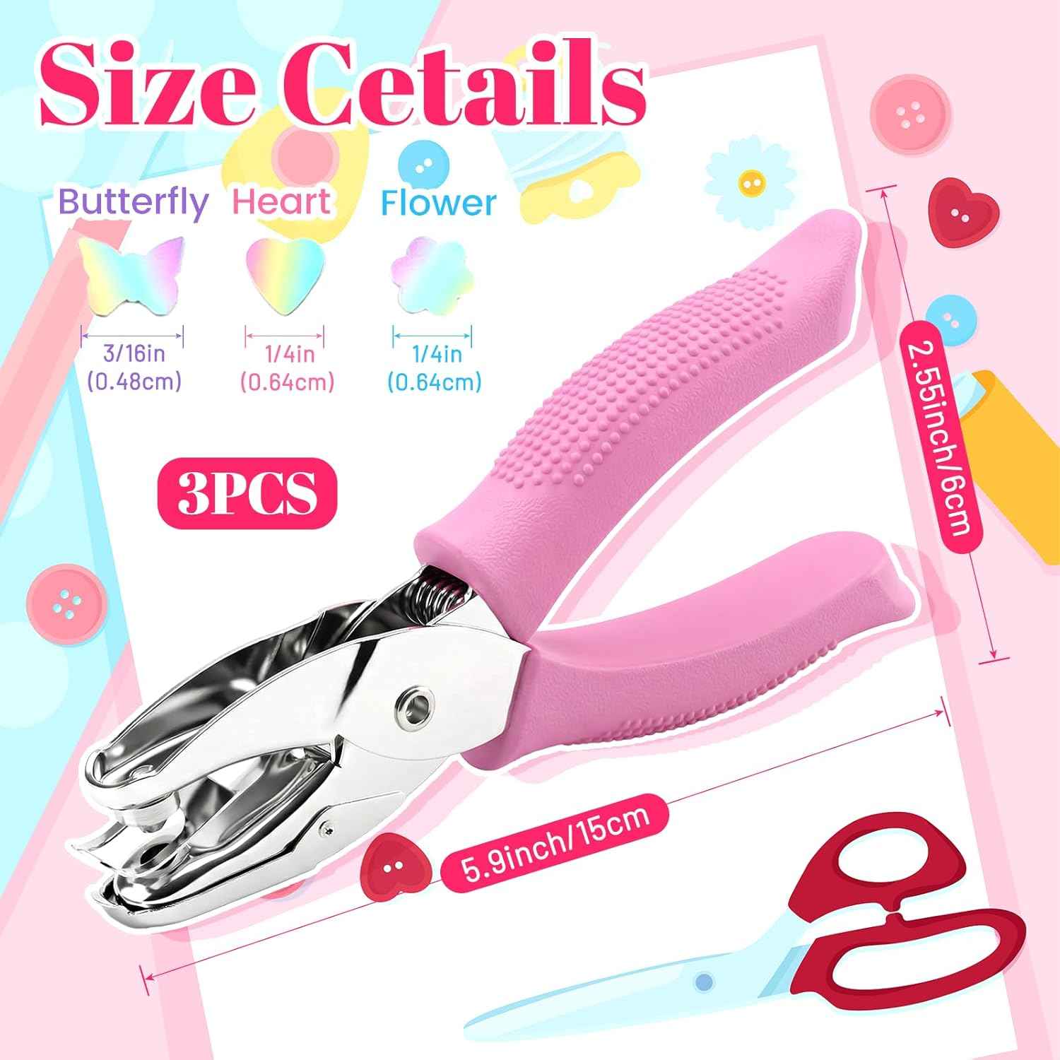 3 Pcs Single Hole Puncher, Handheld Shapes Hole Puncher for Crafts, 1/4" Metal Small Hole Punch with Soft Grip, Heart Butterfly Flower Holes for DIY Tags Ticket Scrapbook