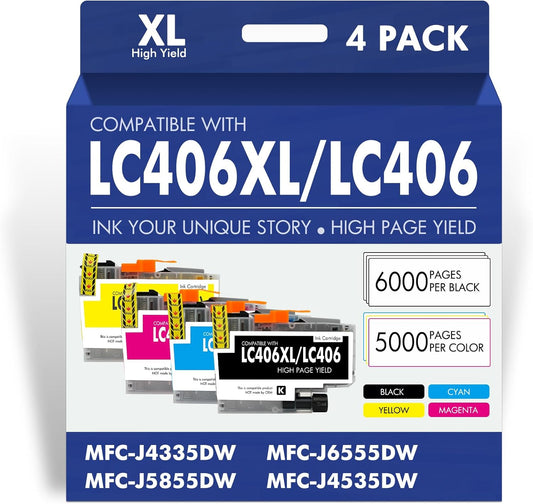 LC406 LC406XL Ink Cartridges for Brother Printer for Brother LC406 Ink Cartridges MFC-J4335DW MFC-J5855DW MFC-J6555DW MFC-J4535DW MFC-J6955DW (4 Pack Black Cyan Magenta Yellow)