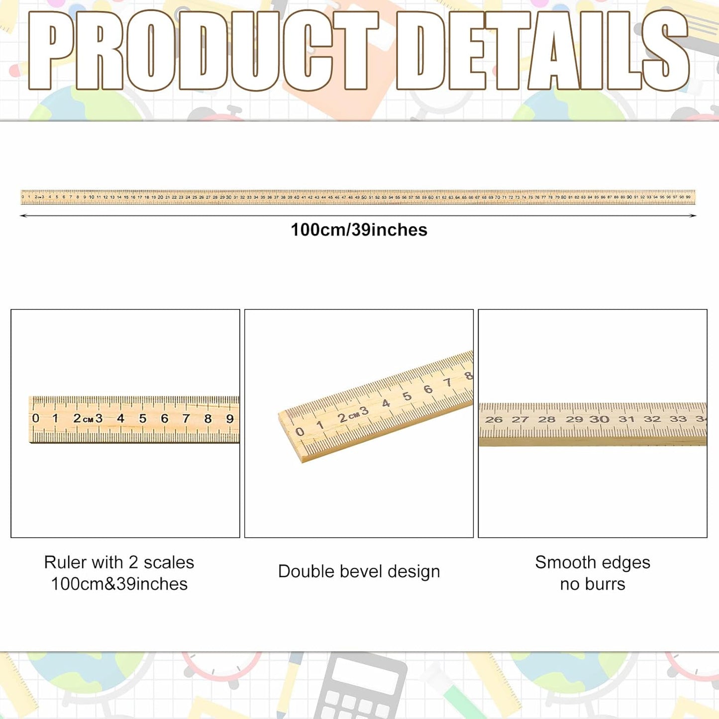 Treela 24 Pack 39 Inches Meter Stick Wood Ruler Economy Yard Stick Double Sided Heavy Duty Thick Meter for School Classroom Home Office Kids Clothing Measuring