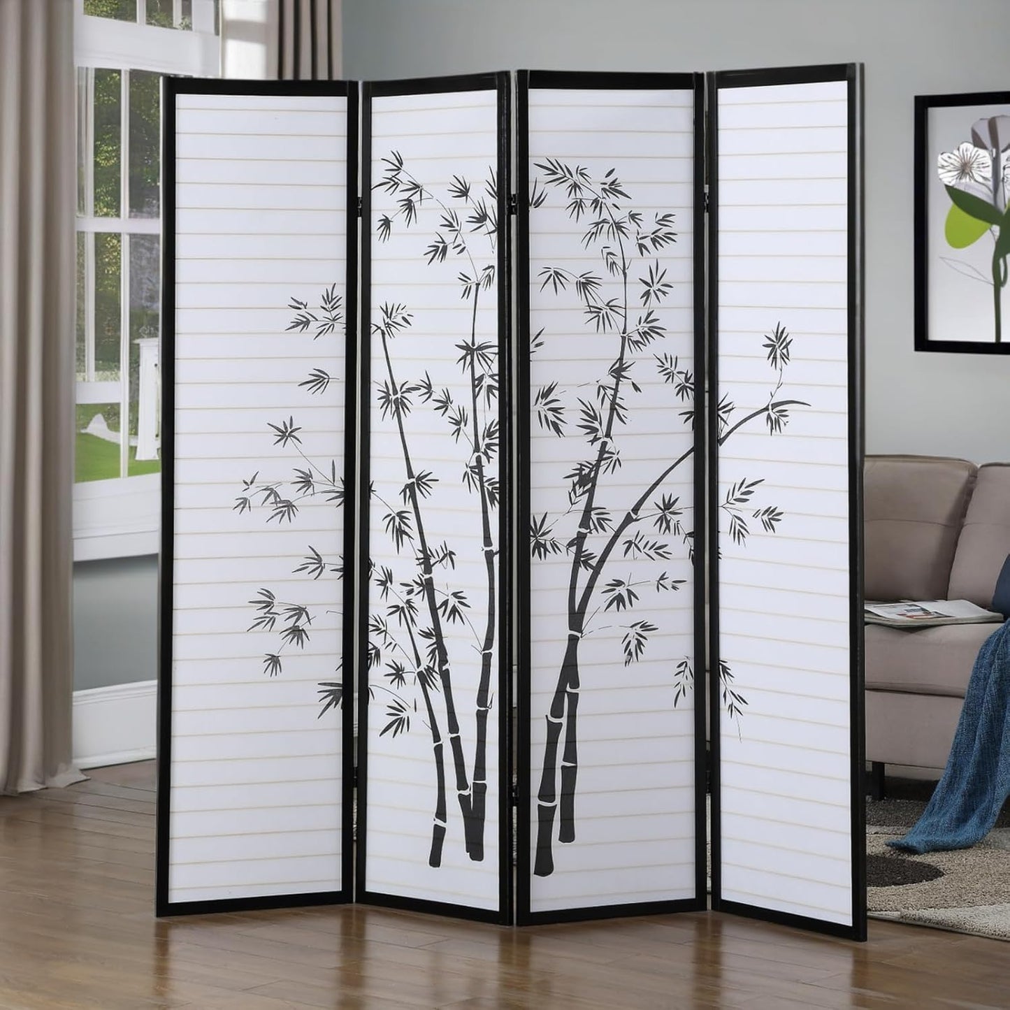 NicBex Room Divider 4 Panel Room Dividers with Oriental Style Partition Room Dividers and Folding Privacy Screens Wall Divider for Home, Office, Room Separation,72" W x 1" D x 71" H, Black - Lumora Desk