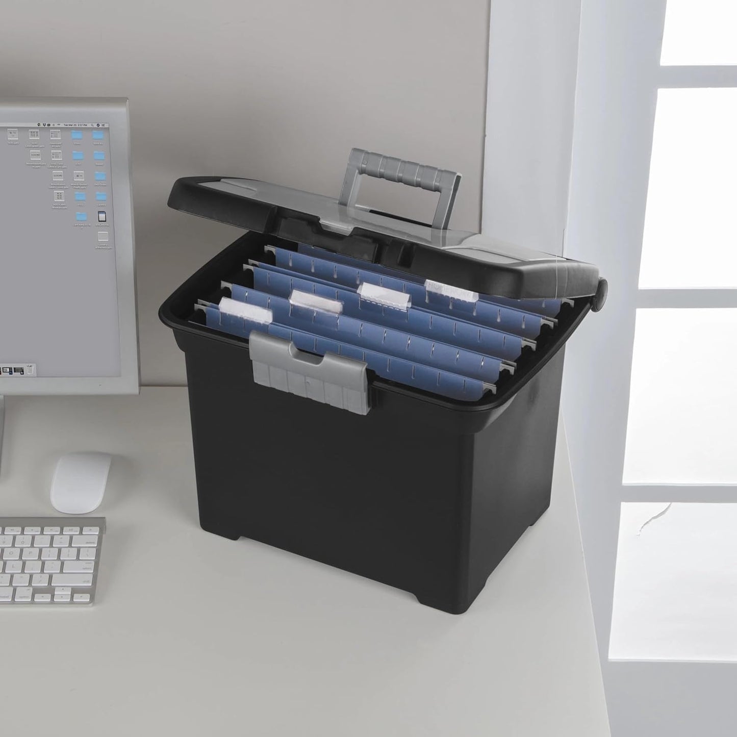 Portable File Storage Box with Handle, Stackable and Lockable Document Organizer, Plastic Filing Box for Home Office, Closet, 15 x 10.9 x 11.5 Inches, Black