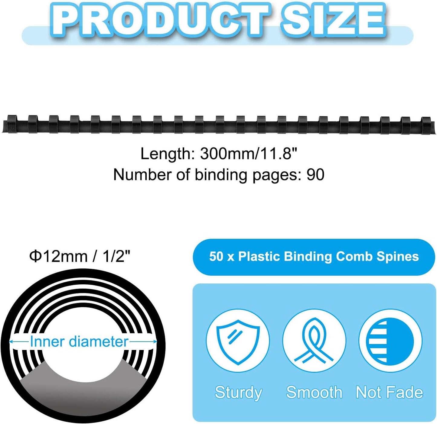 PATIKIL 12mm (1/2") Plastic Binding Combs, 50 Pcs 21 Rings Comb Binding Spines 90 Sheet Capacity Letter Size for Binding Paper Sheets, Black