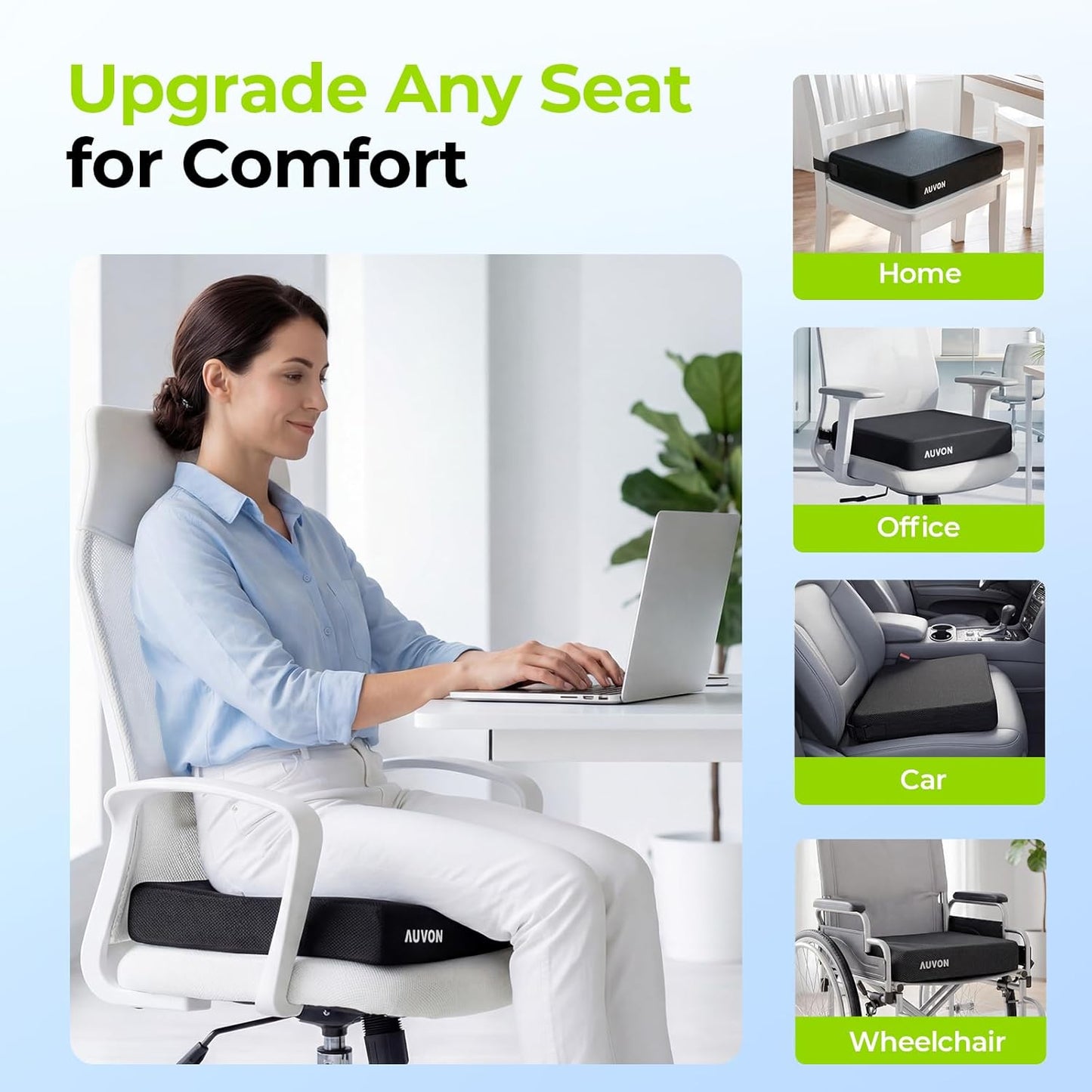 AUVON Cooling Gel Seat Cushion for Long Sitting, Memory Foam Chair Cushions for Back & Sciatica Relief, Anti-Slip Office Chair Cushion with Strap & Breathable Cover for Car Seat, Wheelchair, Home Use