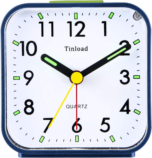 Small Battery Operated Analog Alarm Clock Silent Non Ticking, Ascending Beep Sounds, Snooze,Light Functions (Blue)
