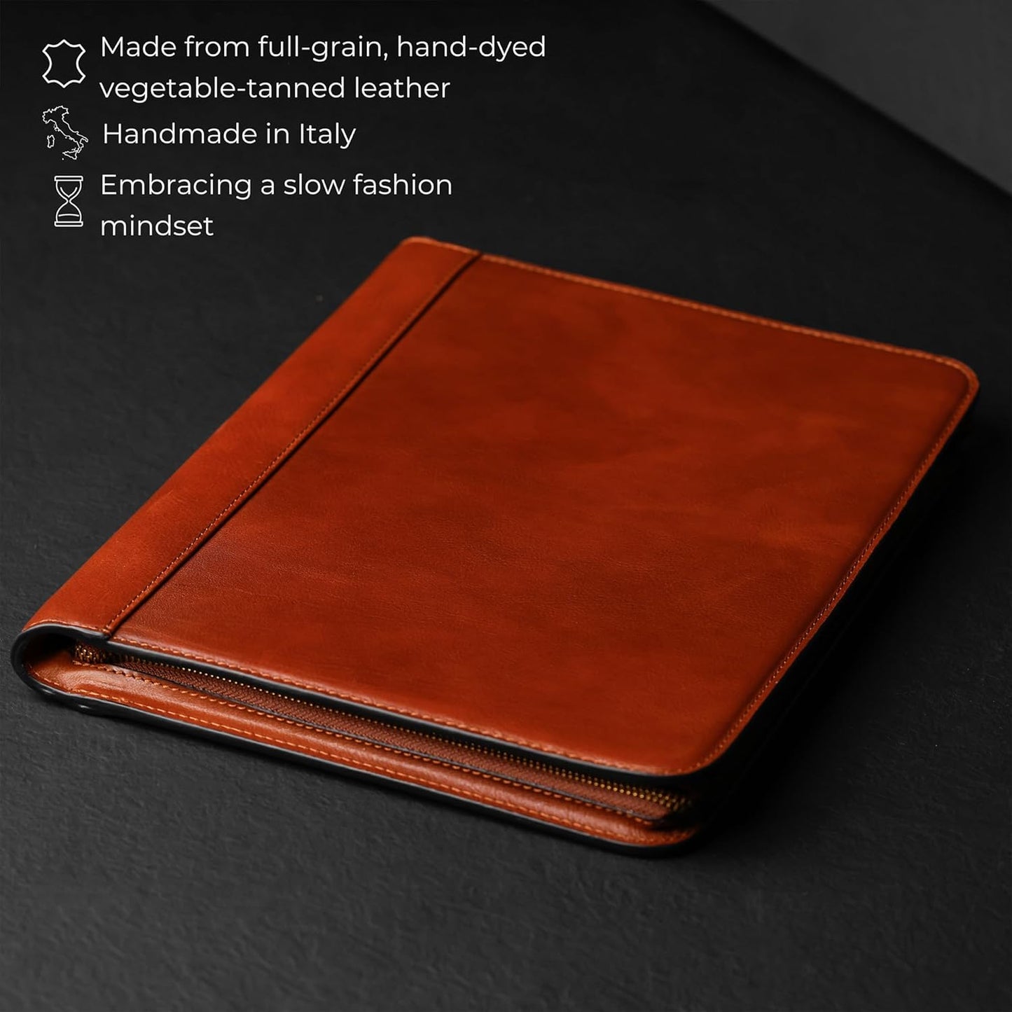 Time Resistance Leather Portfolio - A4 Document Folder - Italian Handcrafted Padfolio Organizer (Cognac Brown) - Gift Box Included