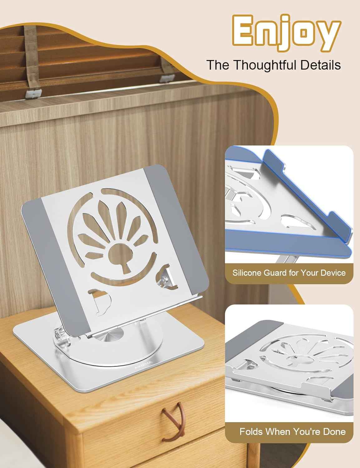 Adjustable Laptop Stand for Desk-360° Rotating Foldable Laptop Holder Ergonomic Laptop Riser for MacBook Pro/Air Dell HP Lenovo Notebook up to 16.3",Silver