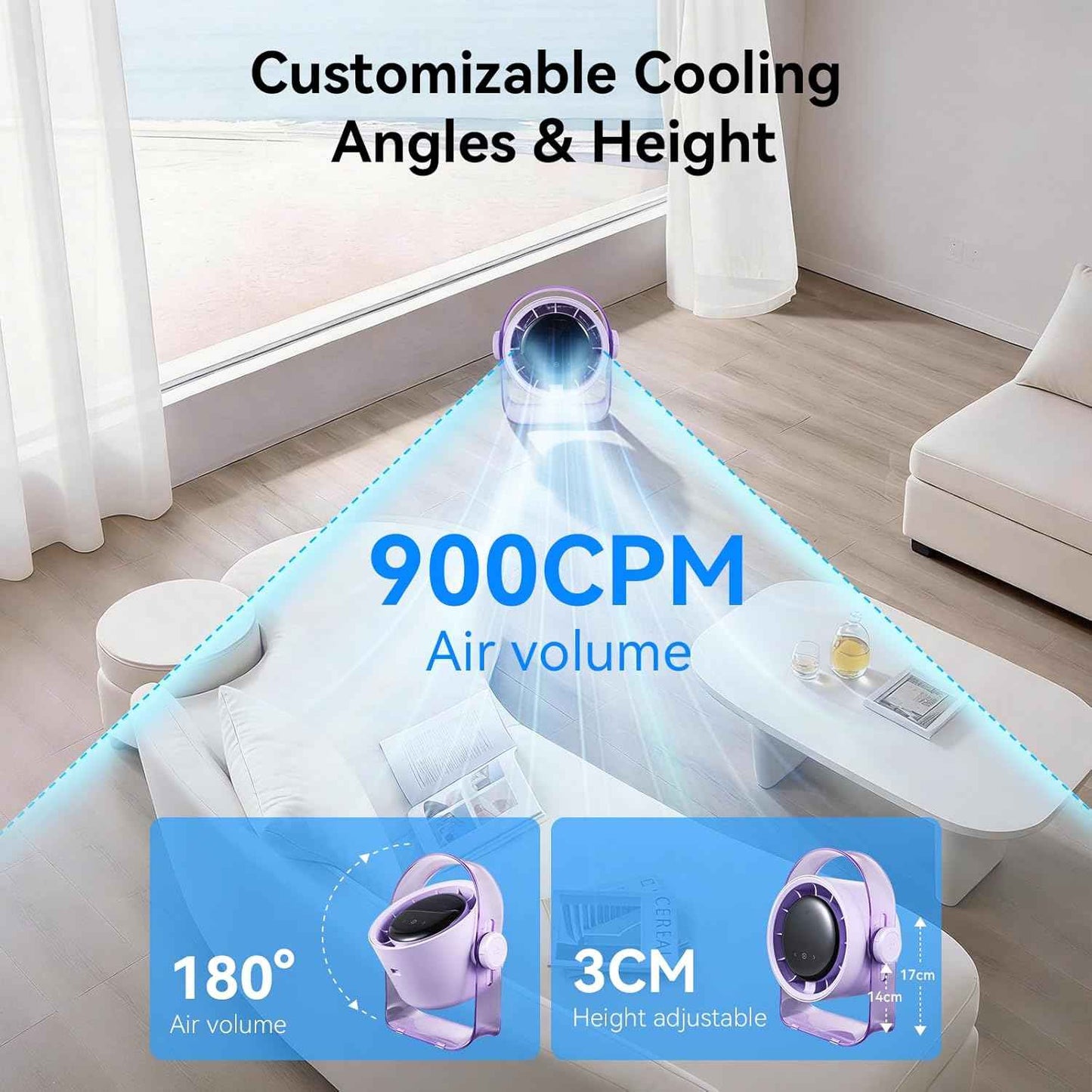 VAVOFO Desk Fan, Small Quiet LED Display Portable USB Fan, 180°Tilt, 100 Speeds, 5 Modes, Rechargeable 3600mAh Battery Operated Table Fans For Office, Bedroom, Outdoor（Purple）