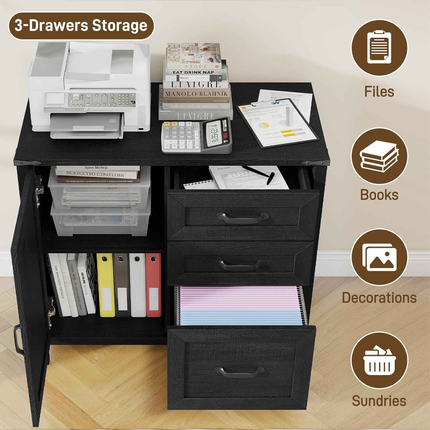 Befrases Farmhouse Lateral Filing Cabinet, Lateral File Cabinet with 3 Drawers and Storage Cabinet, Wooden Printer Stand with File Drawer for Letter/A4 Size Hanging File for Home Office, Rustic Black