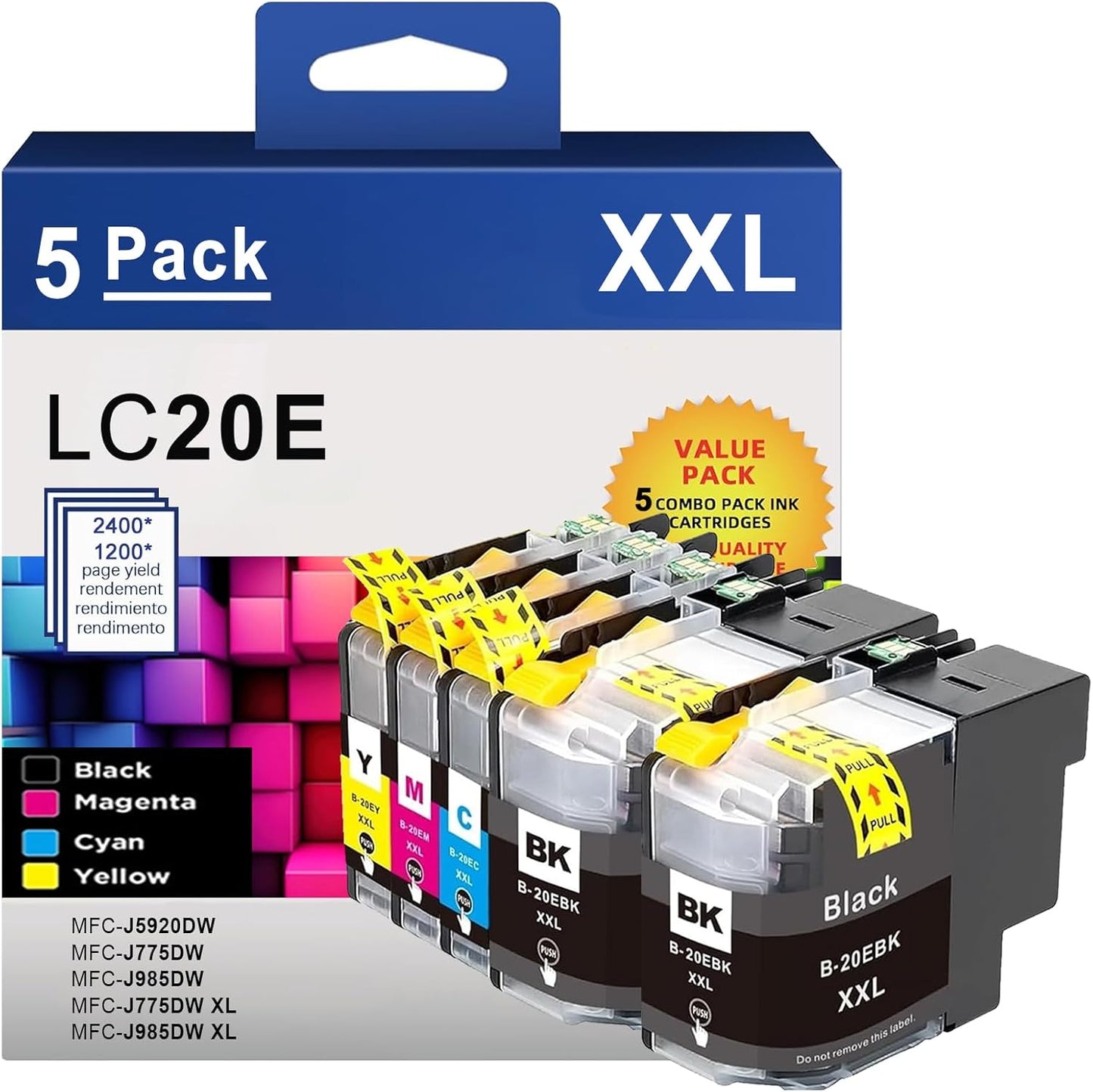 LC20EXXL Ink Cartridges Super High Yield 5-Pack (LC20EC LC20EM LC20EY 2 x LC20EBK XXL) - Replacement for Brother Ink Cartridges LC20E Use with MFC-J5920DW MFC-J775DW MFC-J985DW MFC-J985DW XL Printer