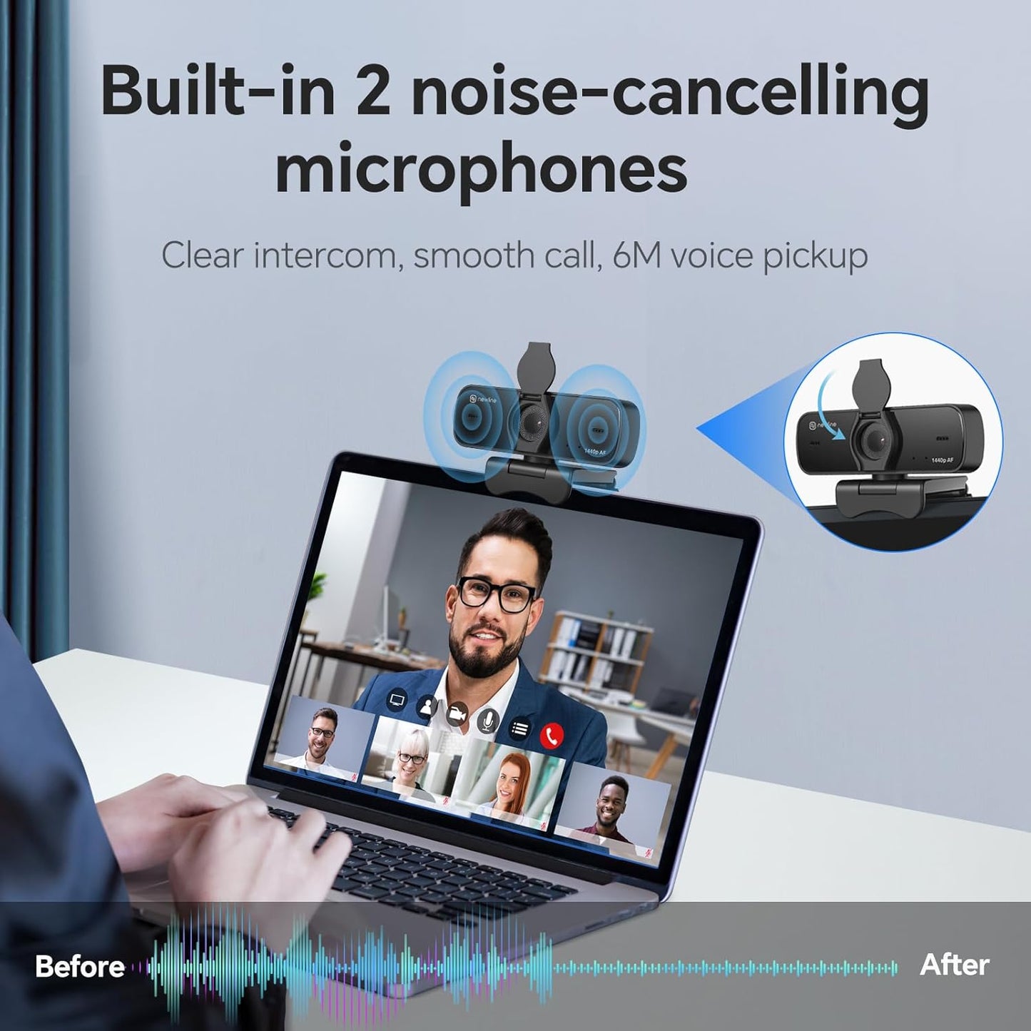 2.5K Webcam for PC, Auto Focus, Privacy Cover, Tripod Stand, Professional Webcam with Microphone for Conferencing and Streaming