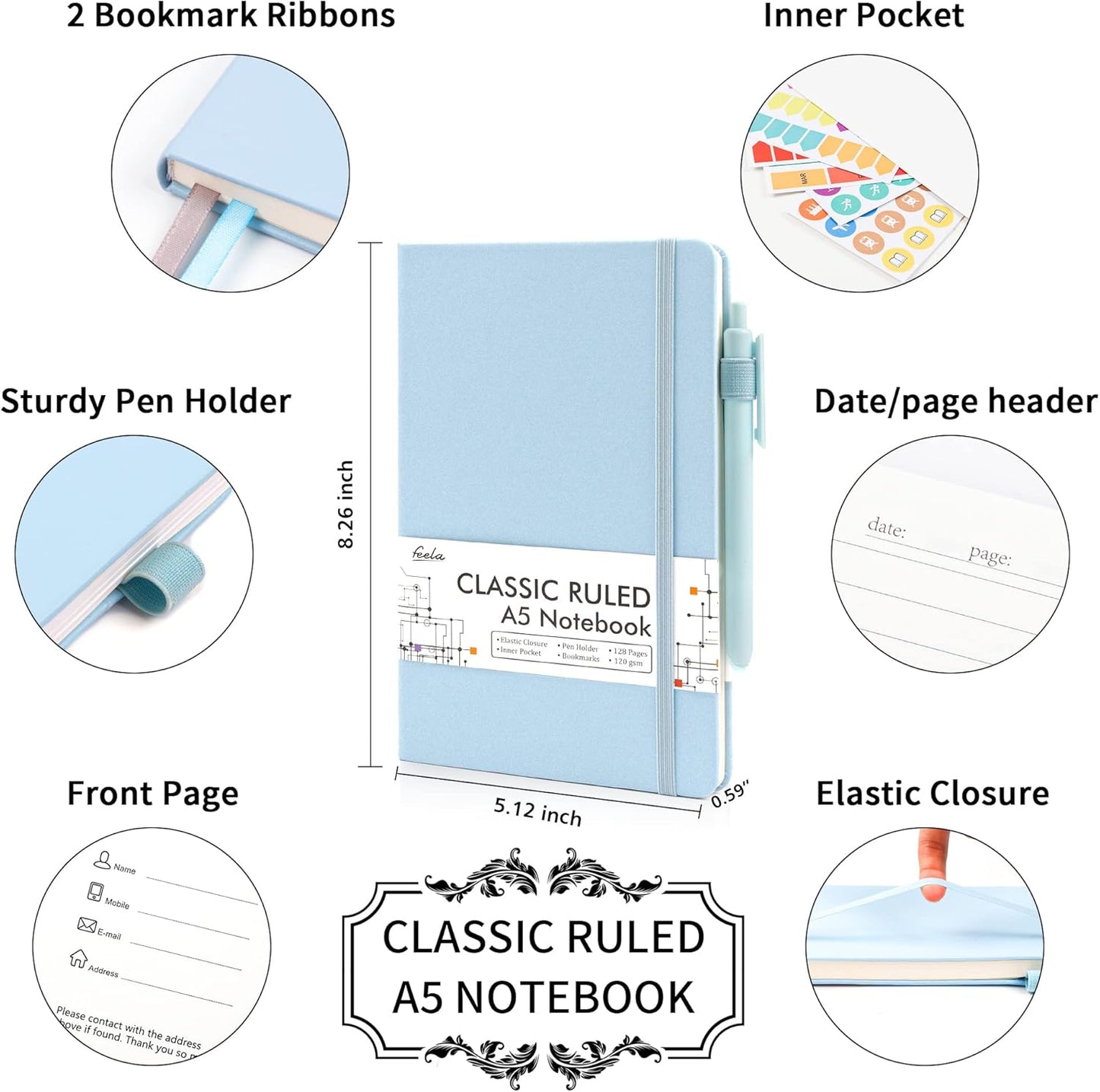 feela 24 Pack Journal Notebook for Work, Business Notebook Bulk Hardcover Lined Writing Journal with Pen Holder for Men Women Note Taking, with 24 Black Pens, 120 GSM, 5.1”x8.3”, A5, Light Blue