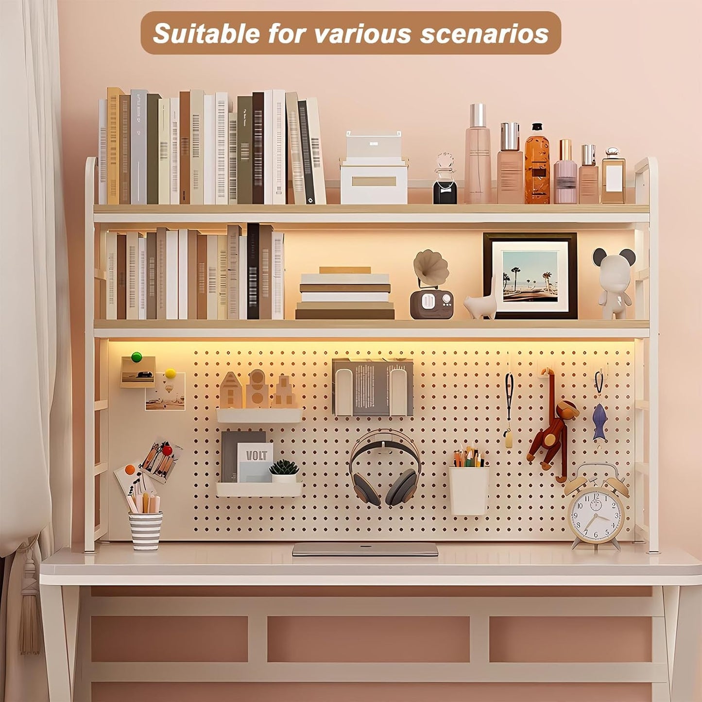 2-Tier Desktop Bookshelf Hutch - Metal Desk Shelf Bookcase with Desk Pegboard Countertop Storage Organizer Rack for Dorm or Office (A, 70cm/27.5in)