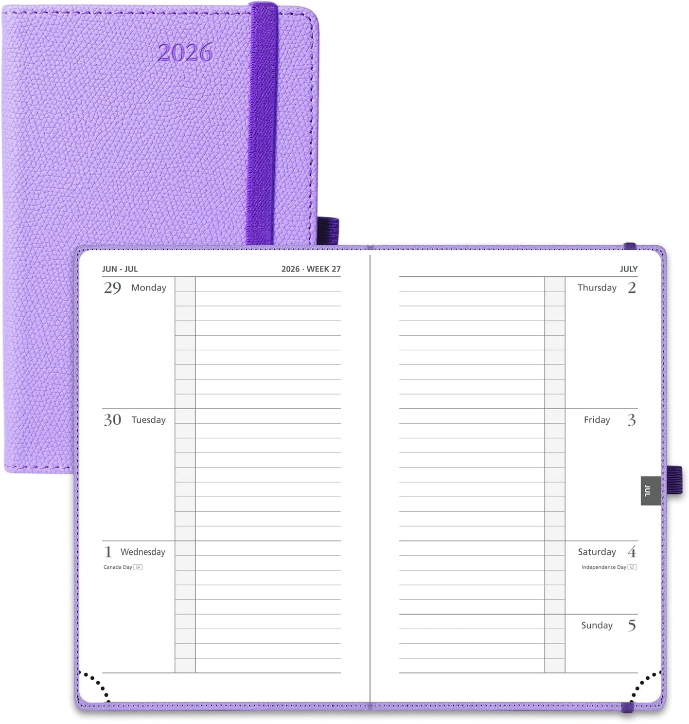 POPRUN Weekly Planner 2026 Calendar (Pocket 4'' x 6.25'') 12 Months Notebook with Horizontal Layout, Leather Hardcover, Inner Pocket, 100GSM Thick Paper, Pen Holder - Lavender