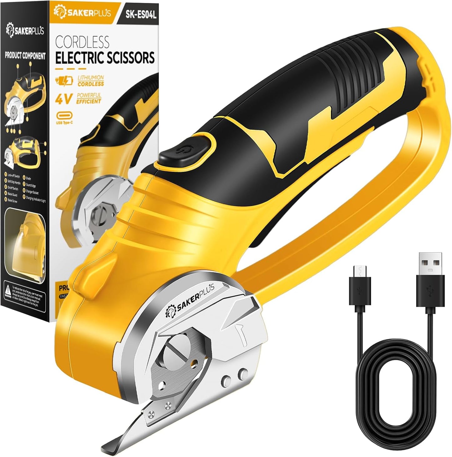 Cordless Electric Scissors, 4V Cardboard Cutter, Box Cutter Fabric Scissor with Safety Lock & LED Light, Rechargeable Power Rotary Cutters for Box Carpet Fabric Plastic Leather
