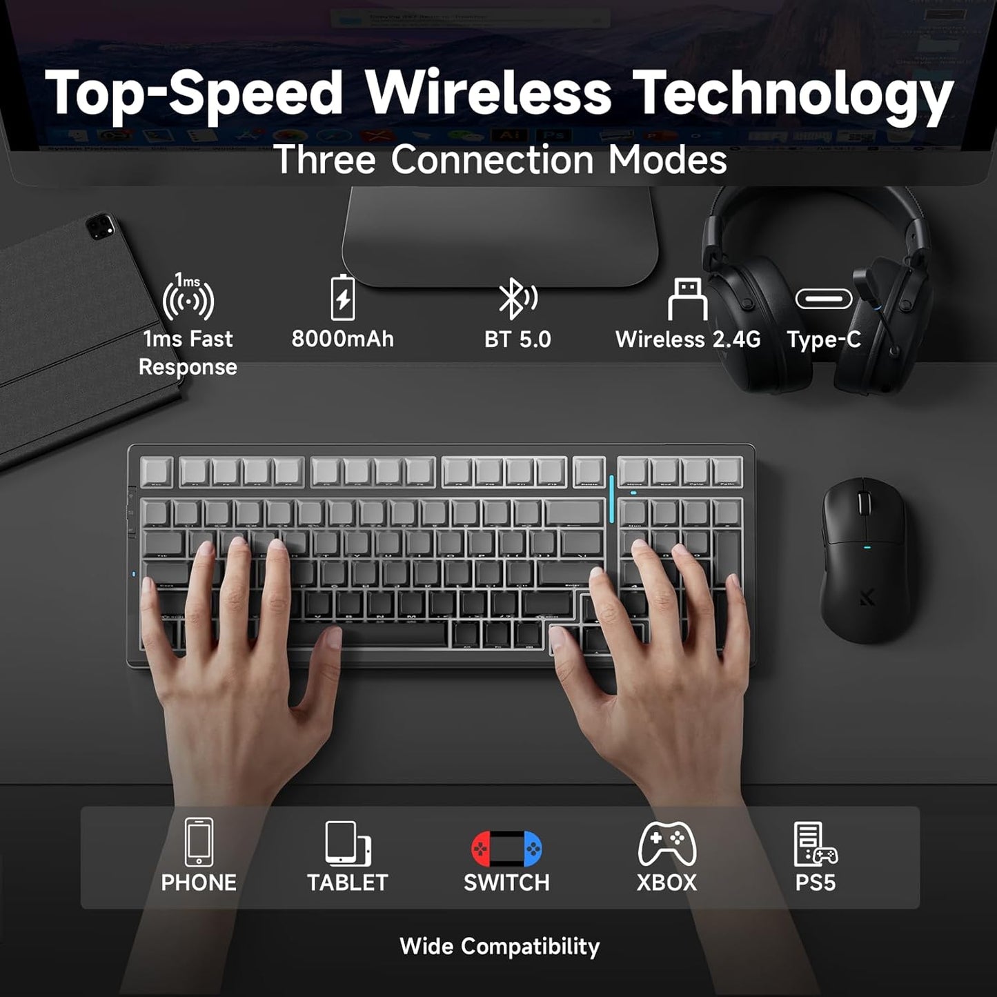 G98 PRO Wireless Mechanical Keyboard, Tri-Mode Connection Gaming Keyboard, Hot Swappable Custom Gasket Structure Pre-lubed Linear Switches Double Shot PBT Keycaps RGB LED Backlit Gradient Black