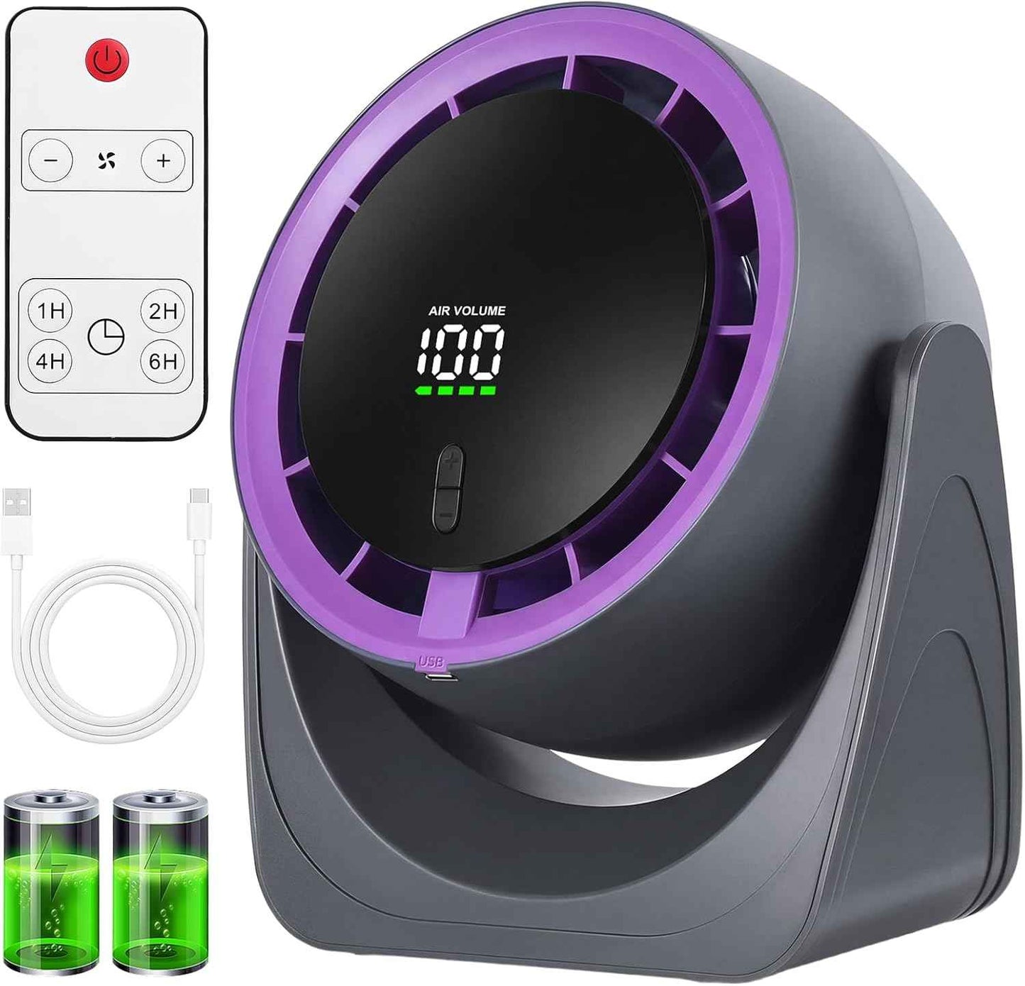 Sponvatt Rechargeable USB Desk Fan for Bedroom, Quiet Table Fan With Turbo Airflow, 100 Speeds,LED Digital Display, 360° Rotating, Small Personal Cooling Fans for Bedroom Home Office Dorm (Purple)