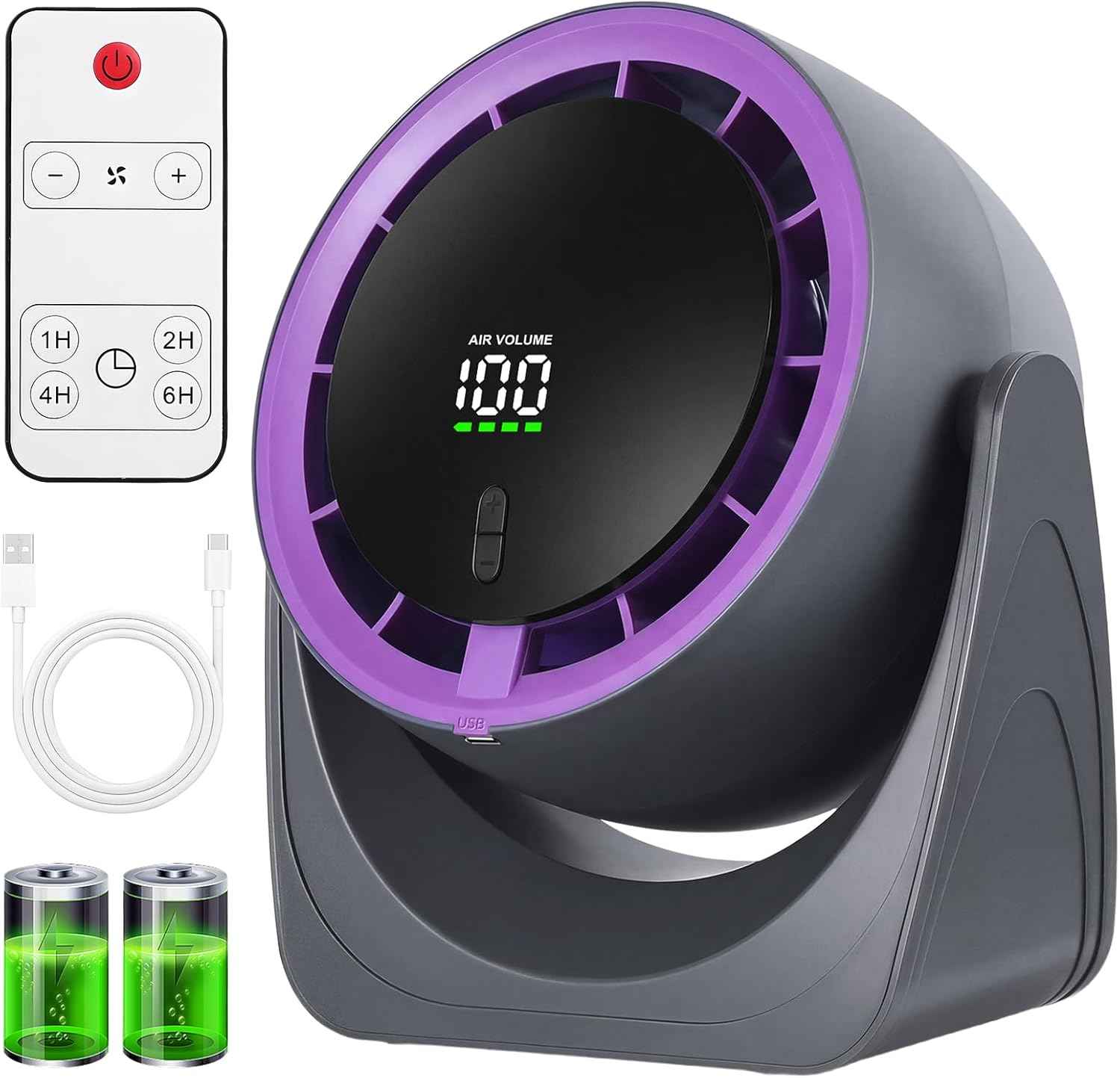 Sponvatt Rechargeable USB Desk Fan for Bedroom, Quiet Table Fan With Turbo Airflow, 100 Speeds,LED Digital Display, 360° Rotating, Small Personal Cooling Fans for Bedroom Home Office Dorm (Purple)