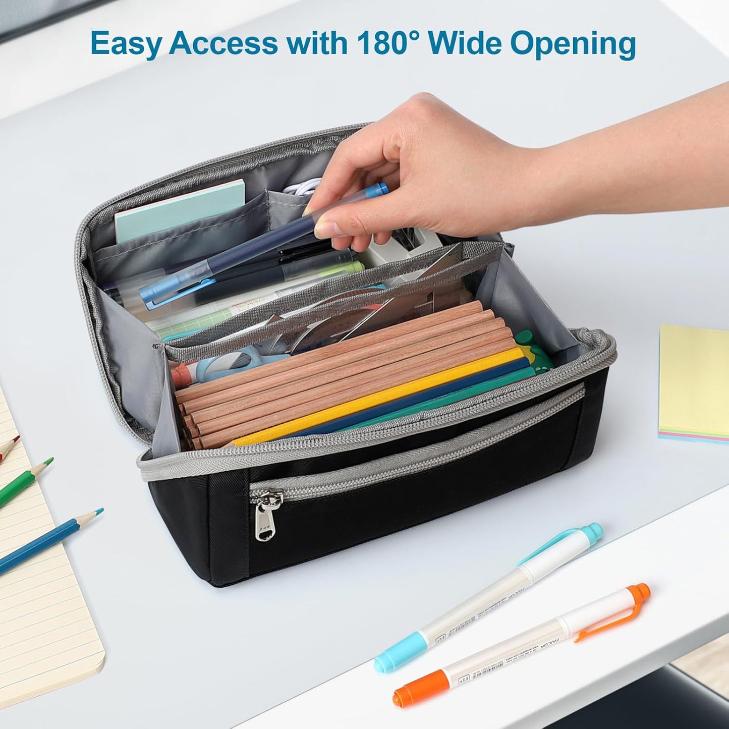 Large Capacity Pencil Case - Pencil Pouch for Teen Boys, Aesthetic Pouch Organizer with 8 Compartments, Wide Opening Marker Bag for Middle High School College, Fits Calculator, Black